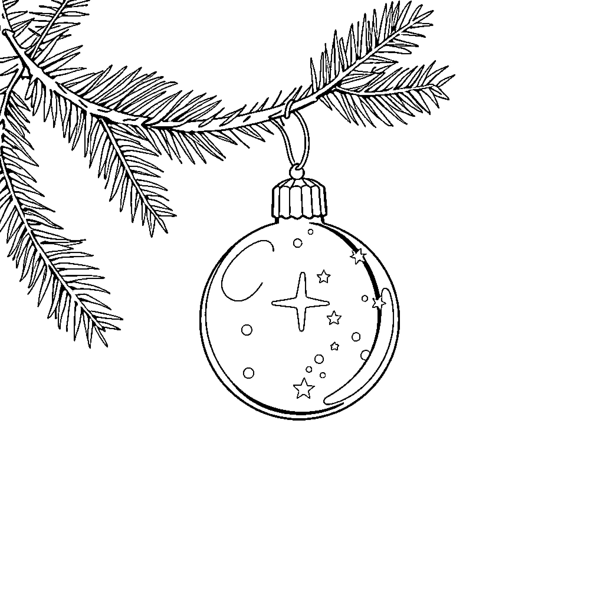 Ornament hanging from Christmas tree branch Coloring Page (free black-and-white line drawing printable PDF for all, from beginners to advanced learners, including children, teens, adults, and seniors)