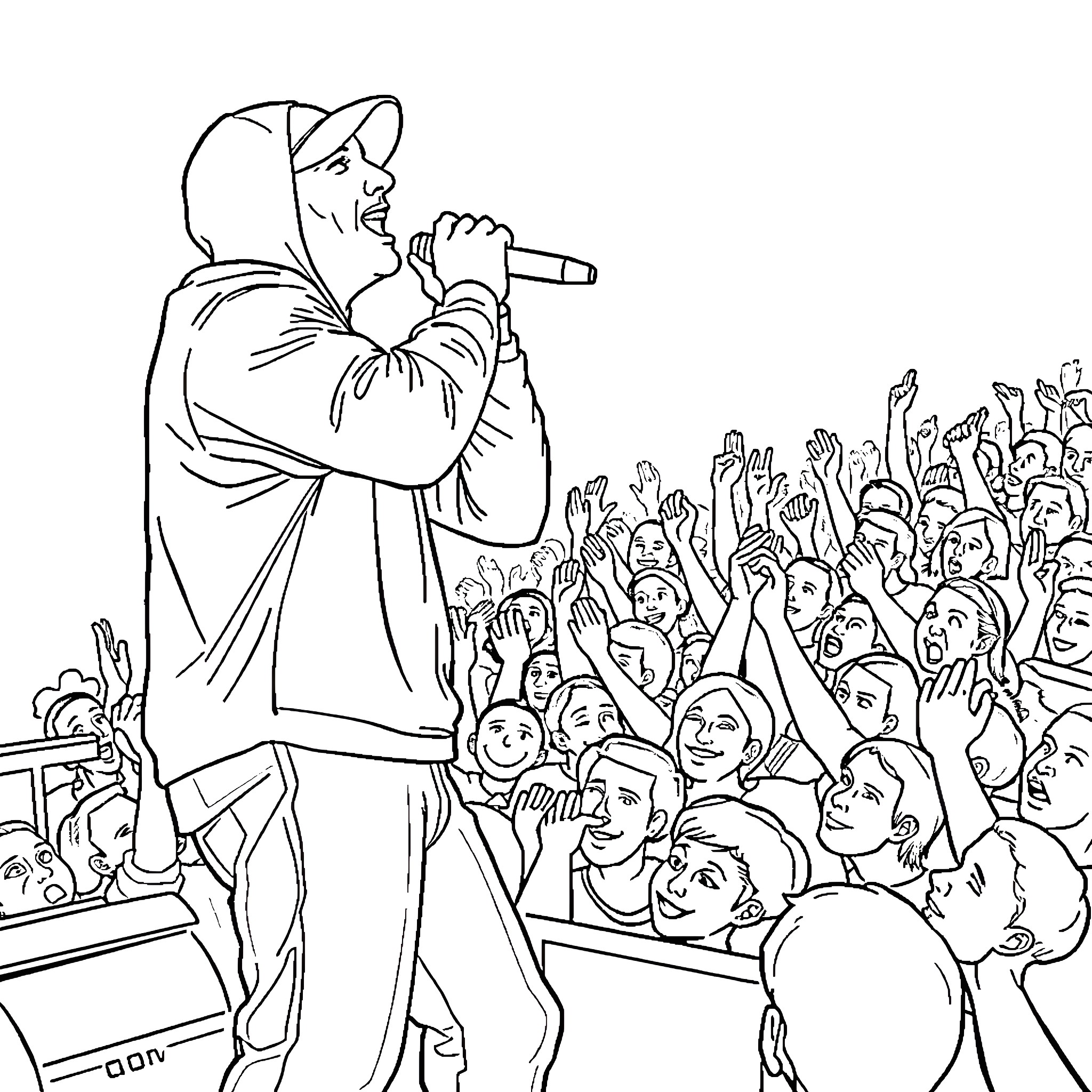 Eminem performing energetically for an enthusiastic crowd Coloring Page (free black-and-white line drawing printable PDF for all, from beginners to advanced learners, including children, teens, adults, and seniors)