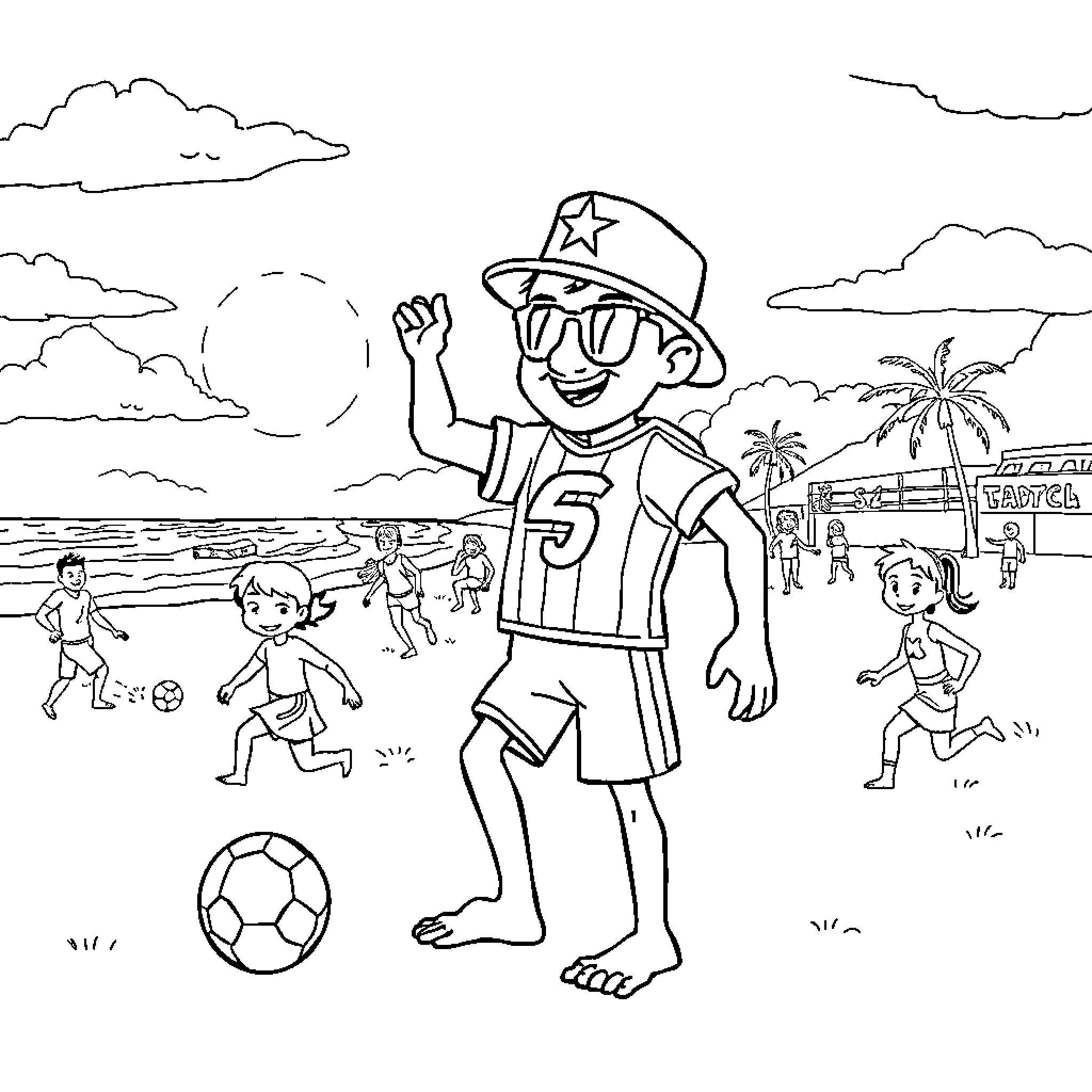 Captain America playing soccer with children on the beach Coloring Page (free black-and-white line drawing printable PDF for all, from beginners to advanced learners, including children, teens, adults, and seniors)