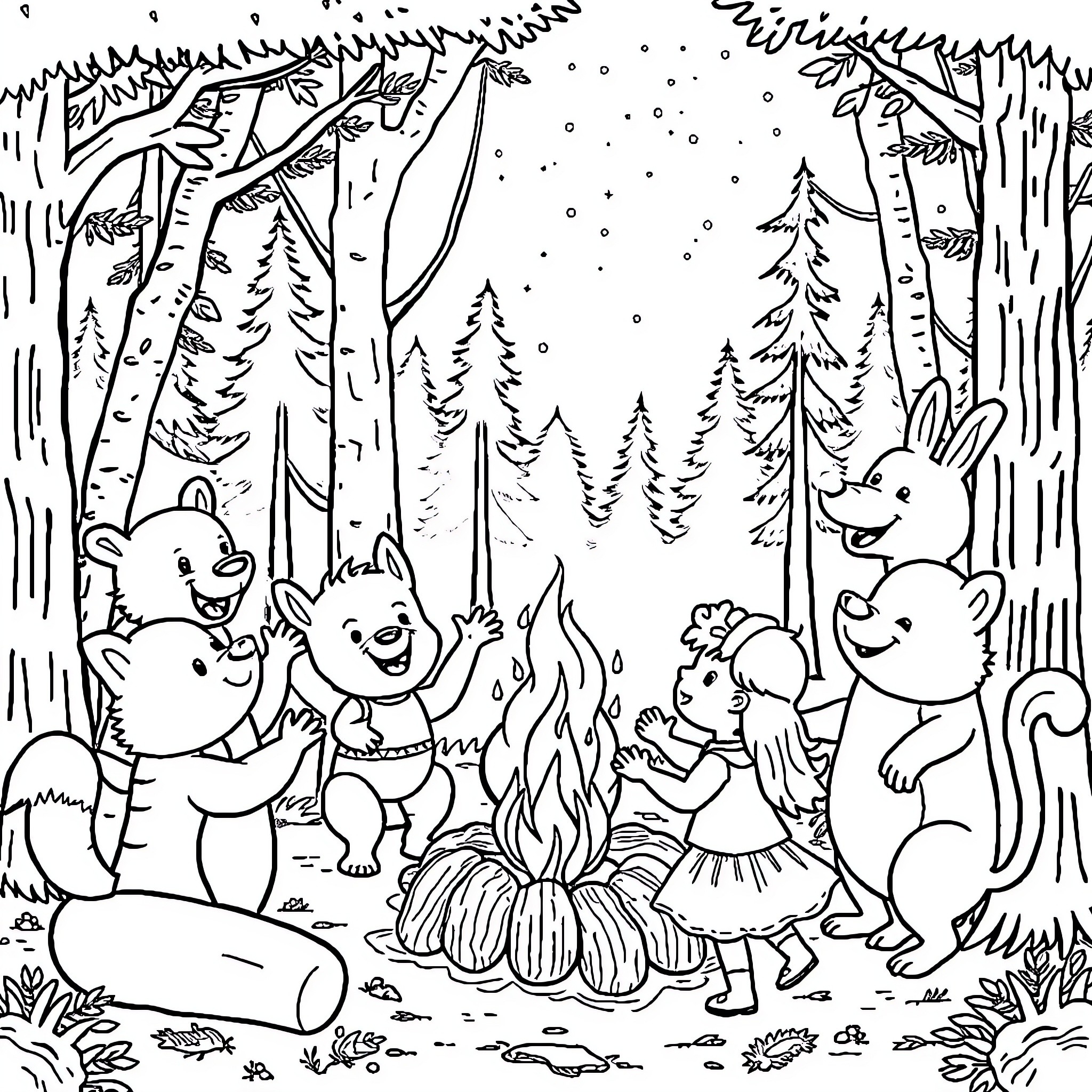 Animal friends enjoying cozy campfire in the woods Coloring Page (free black-and-white line drawing printable PDF for all, from beginners to advanced learners, including children, teens, adults, and seniors)