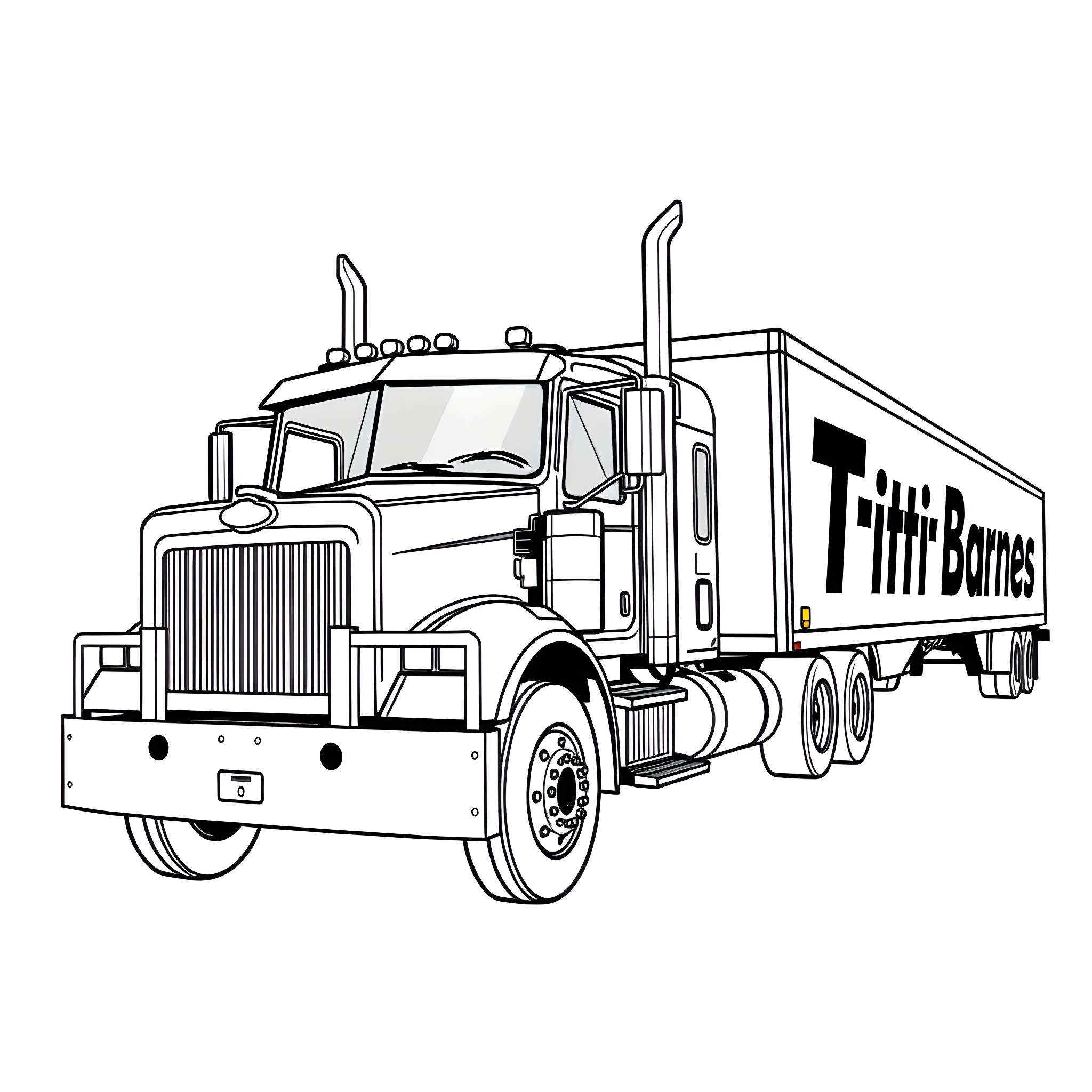 Mack Truck Transporting Goods for Tim Barnes Coloring Page (free black-and-white line drawing printable PDF for all, from beginners to advanced learners, including children, teens, adults, and seniors)