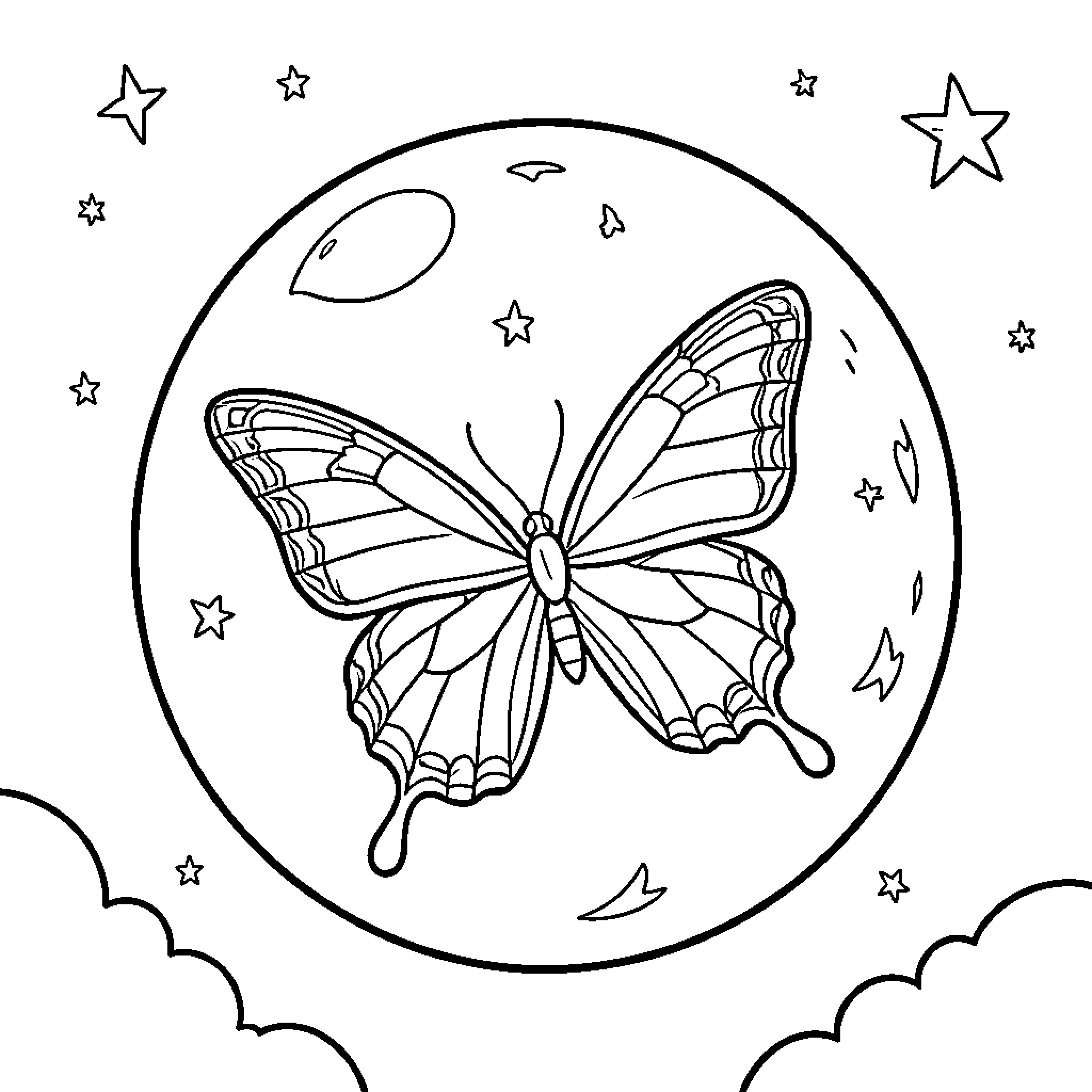 Butterfly in a starry night sky Coloring Page (free black-and-white line drawing printable PDF for all, from beginners to advanced learners, including children, teens, adults, and seniors)