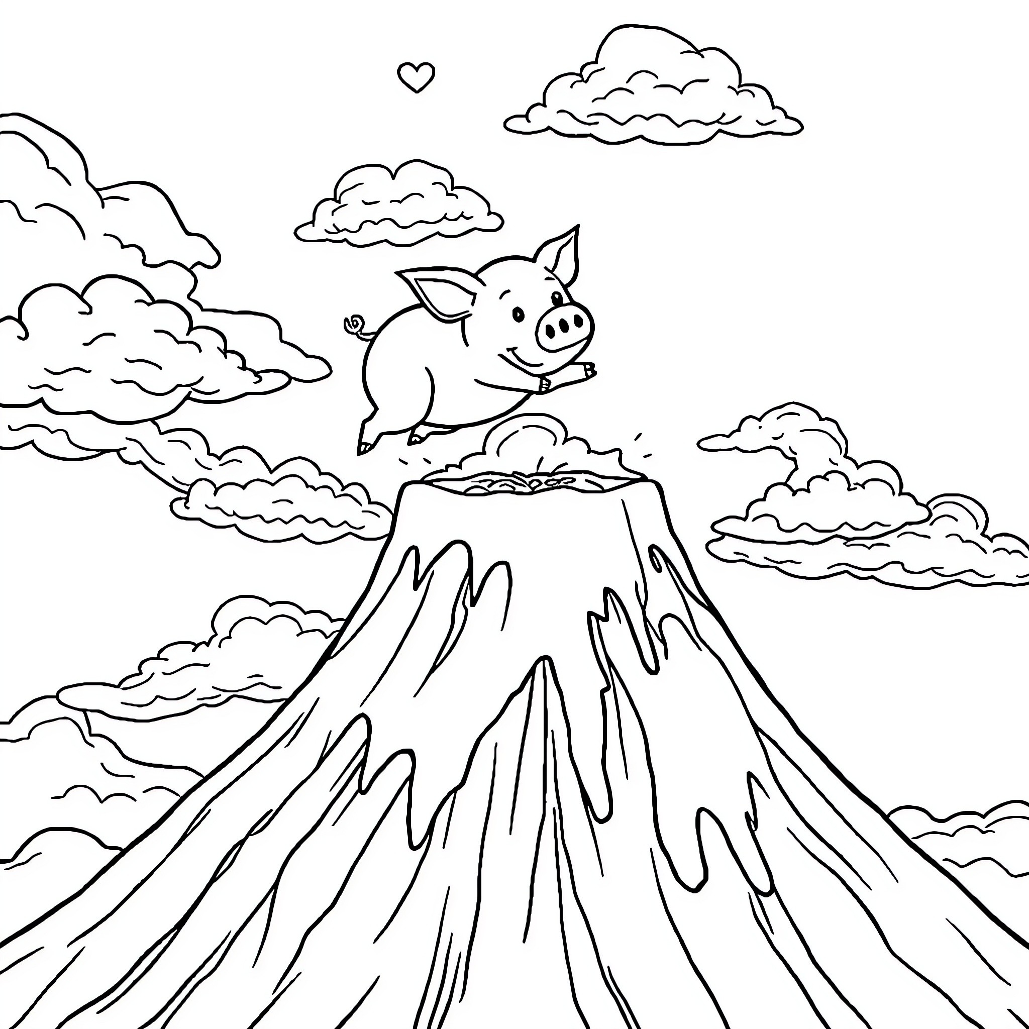 Pig joyfully atop a mountain with clouds Coloring Page (free black-and-white line drawing printable PDF for all, from beginners to advanced learners, including children, teens, adults, and seniors)
