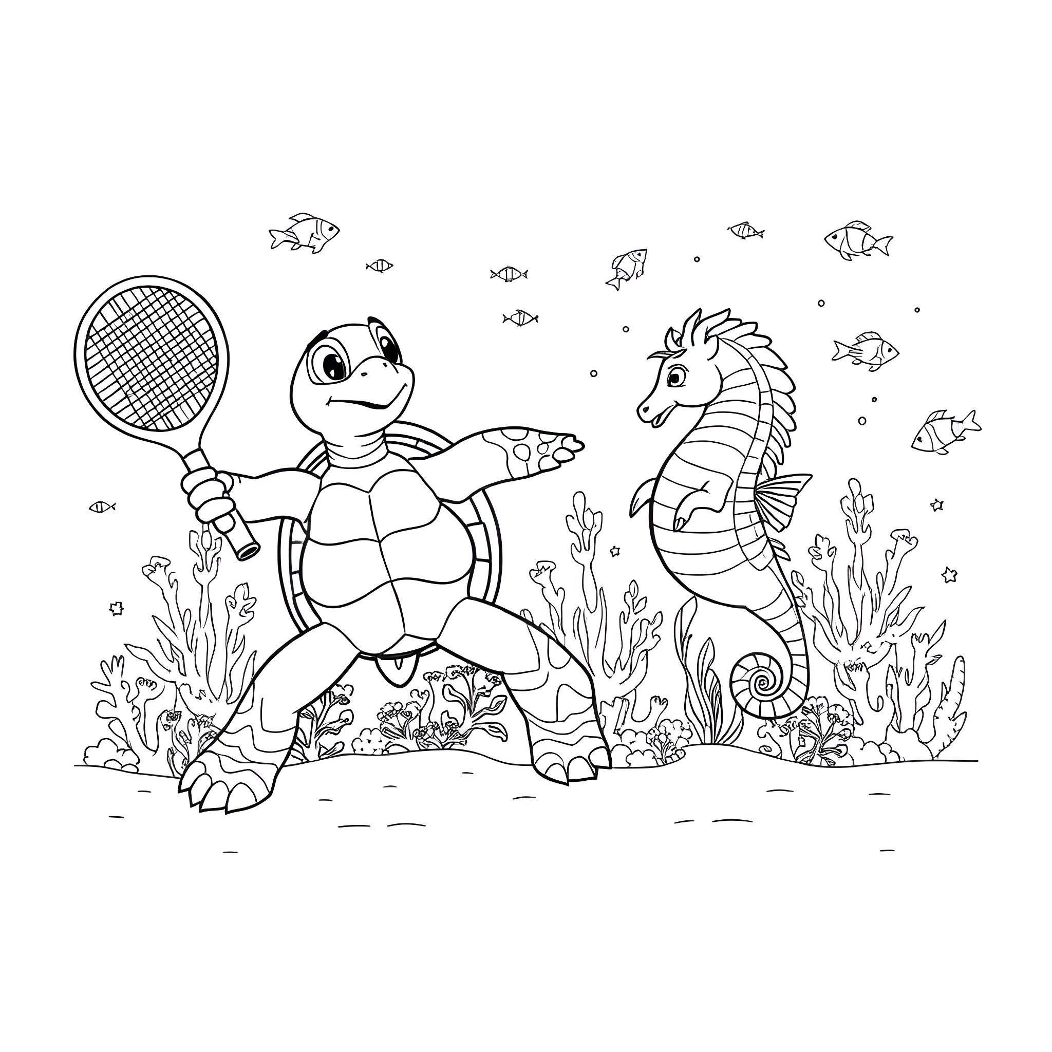 Turtle playing tennis with sea horse in underwater scene Coloring Page (free black-and-white line drawing printable PDF for all, from beginners to advanced learners, including children, teens, adults, and seniors)
