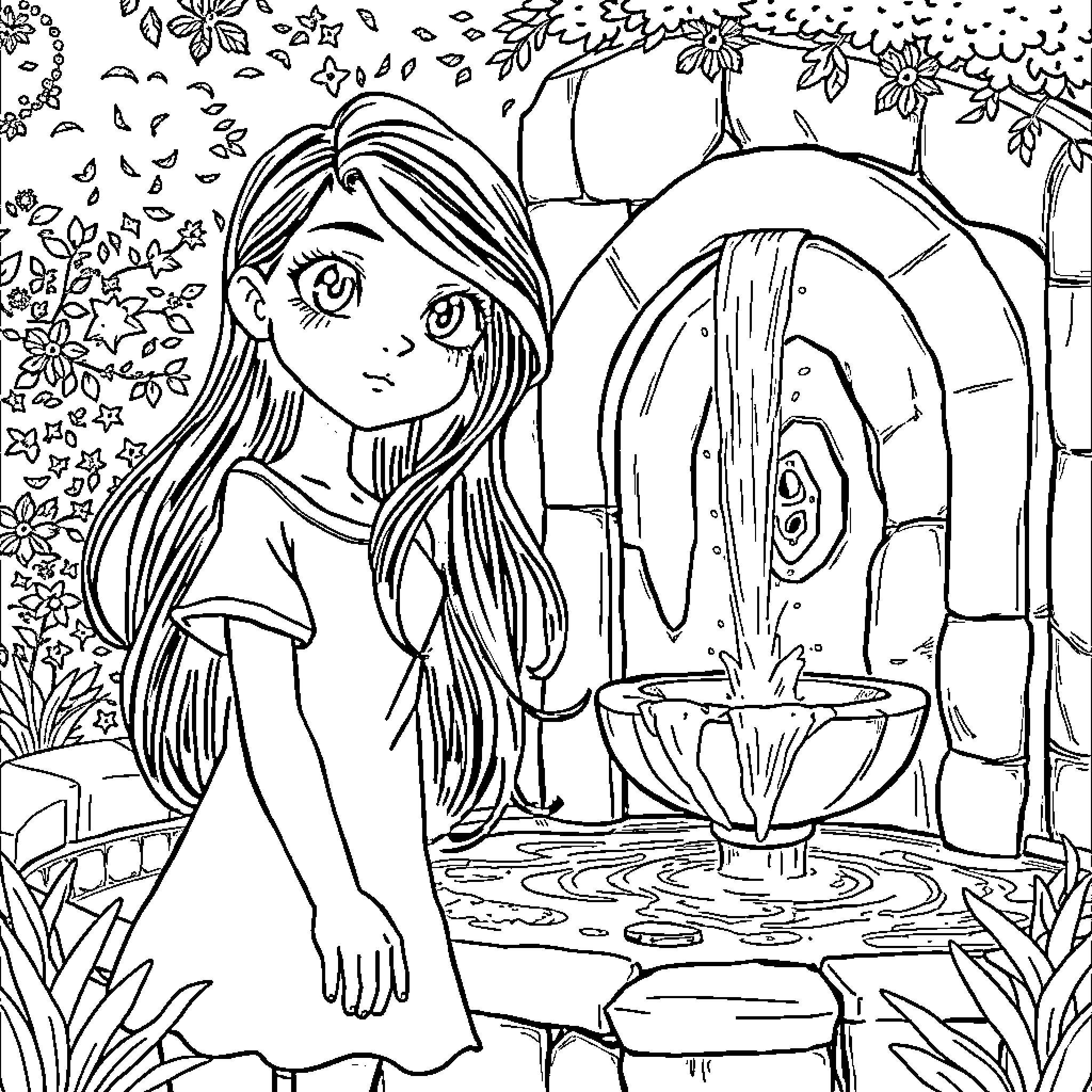 Girl Playing by the Magical Fountain Coloring Page (free black-and-white line drawing printable PDF for all, from beginners to advanced learners, including children, teens, adults, and seniors)