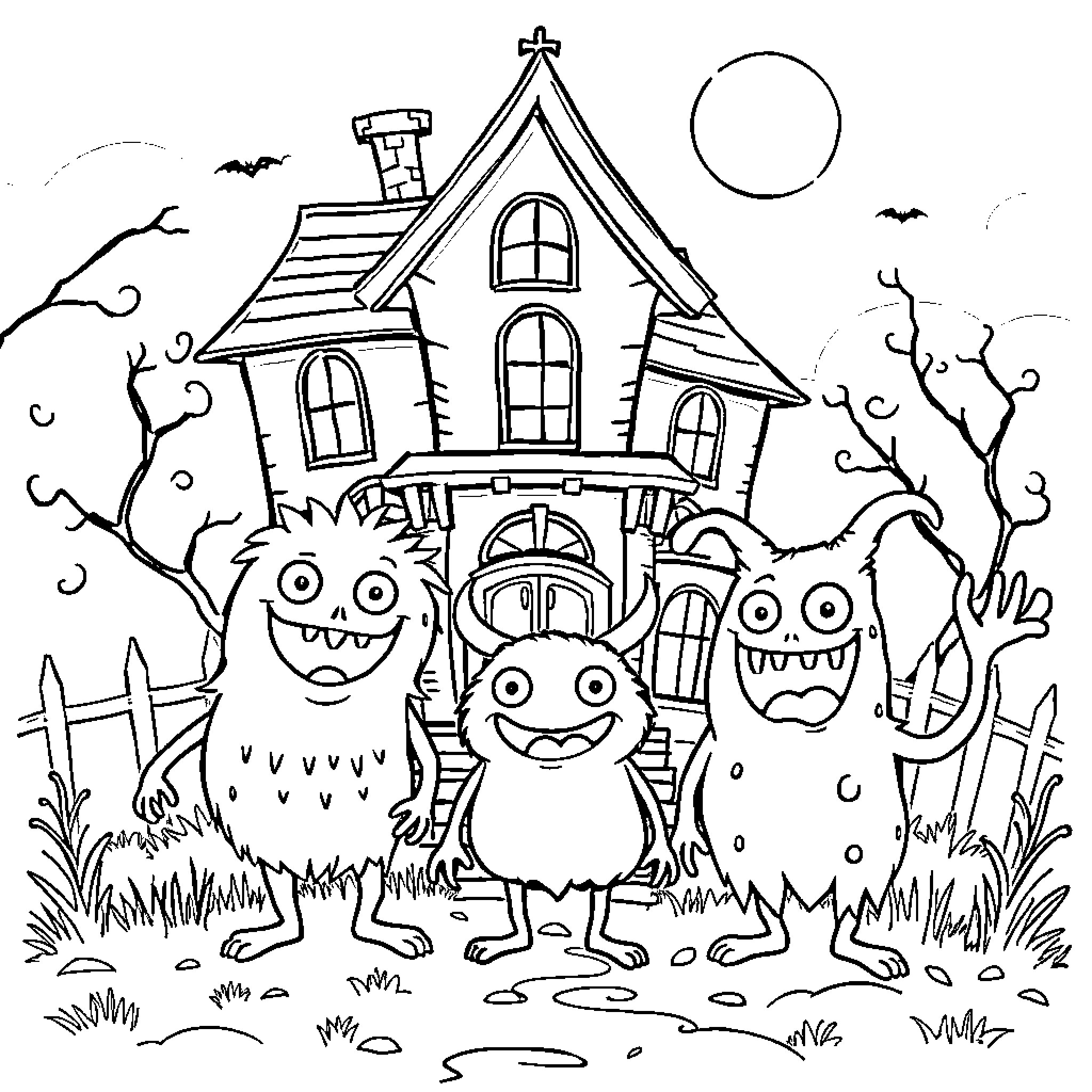 Monster Creatures Gathered Outside Haunted House Coloring Page (free black-and-white line drawing printable PDF for all, from beginners to advanced learners, including children, teens, adults, and seniors)
