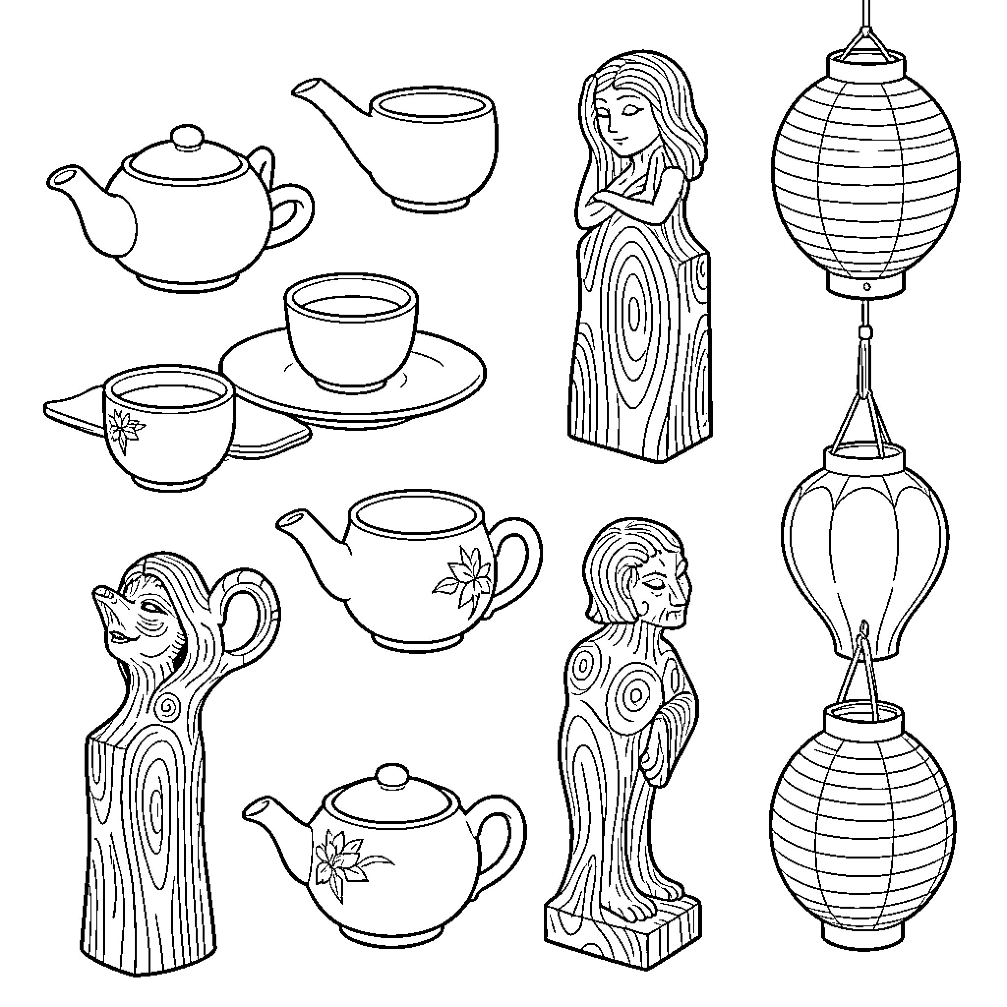 Japanese Aesthetic tea sets and wooden carvings Coloring Page (free black-and-white line drawing printable PDF for all, from beginners to advanced learners, including children, teens, adults, and seniors)