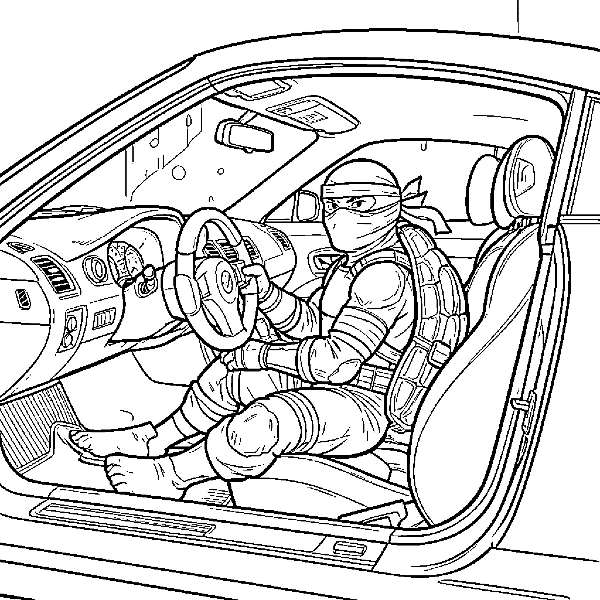 Tortue Ninja driving a car with a serious expression Coloring Page (free black-and-white line drawing printable PDF for all, from beginners to advanced learners, including children, teens, adults, and seniors)