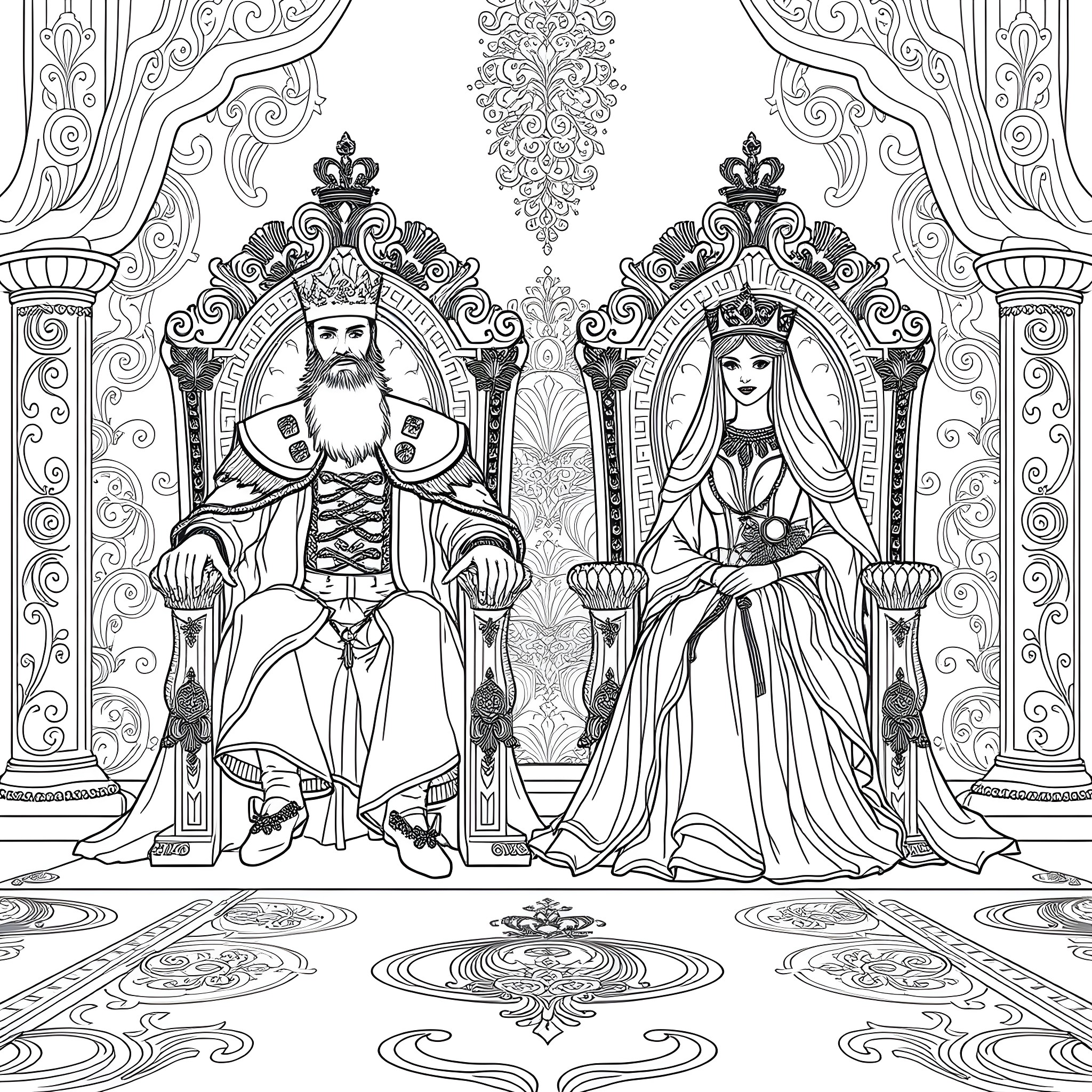 King and Queen on Ornate Thrones Coloring Page (free black-and-white line drawing printable PDF for all, from beginners to advanced learners, including children, teens, adults, and seniors)