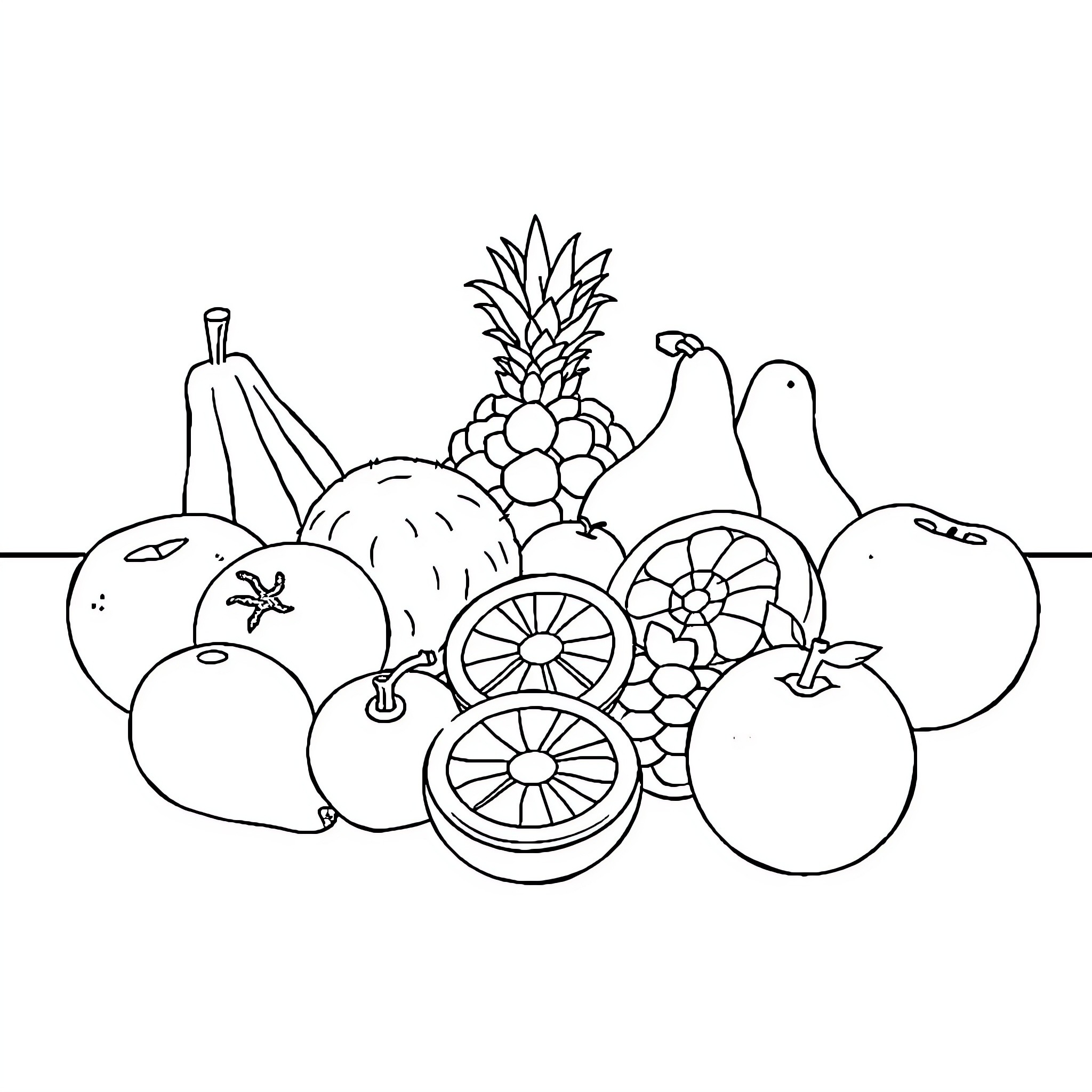 Fruit Variety in Monochrome Illustration Coloring Page (free black-and-white line drawing printable PDF for all, from beginners to advanced learners, including children, teens, adults, and seniors)