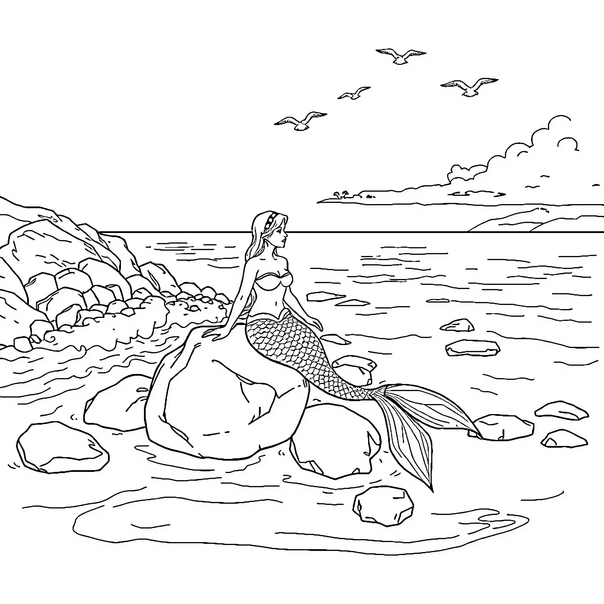 Mermaid resting on rocky seashore Coloring Page (free black-and-white line drawing printable PDF for all, from beginners to advanced learners, including children, teens, adults, and seniors)