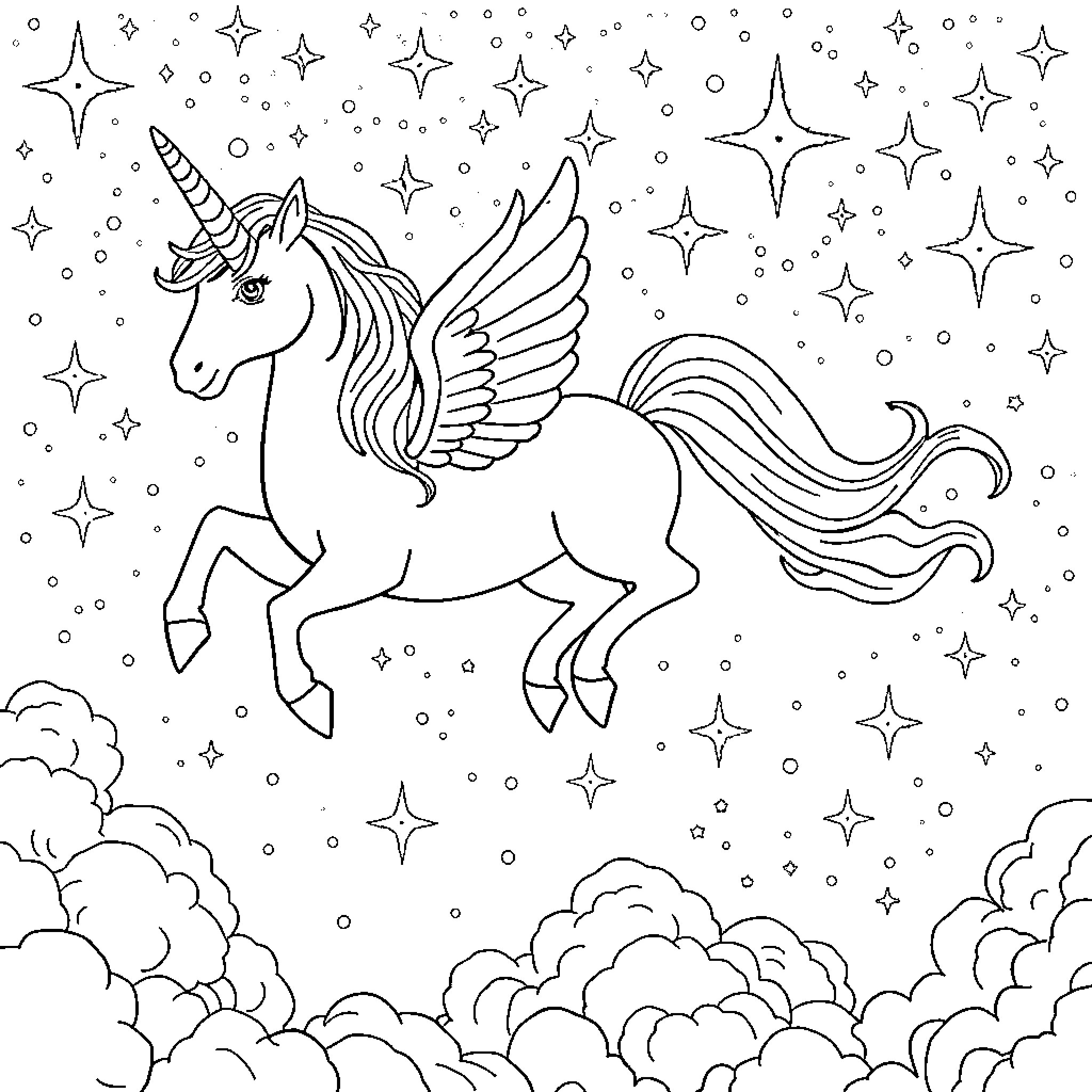 Unicorn flying amidst twinkling stars in the night sky Coloring Page (free black-and-white line drawing printable PDF for all, from beginners to advanced learners, including children, teens, adults, and seniors)