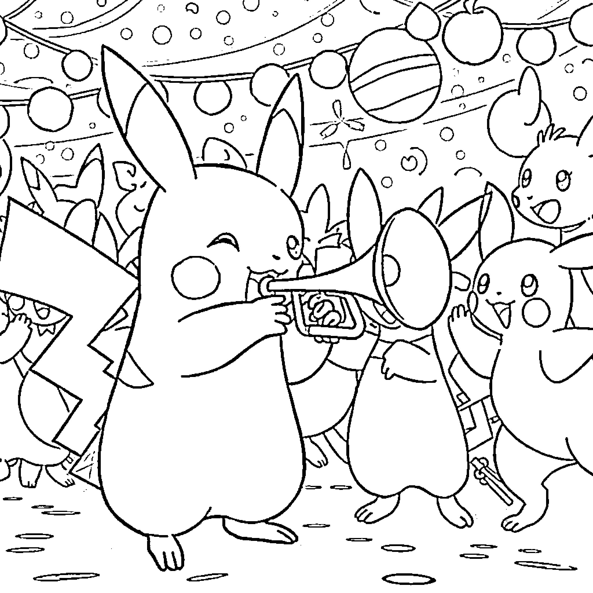 Pikachu playing and exploring in a surreal environment Coloring Page (free black-and-white line drawing printable PDF for all, from beginners to advanced learners, including children, teens, adults, and seniors)