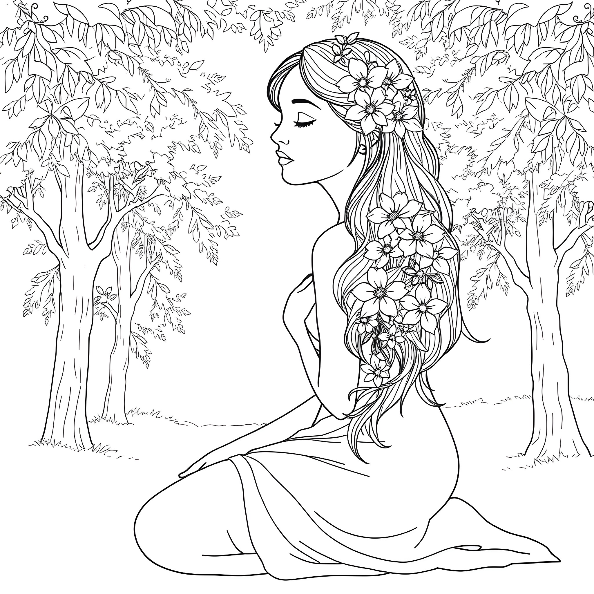 Woman with floral headpiece in serene forest scene Coloring Page (free black-and-white line drawing printable PDF for all, from beginners to advanced learners, including children, teens, adults, and seniors)