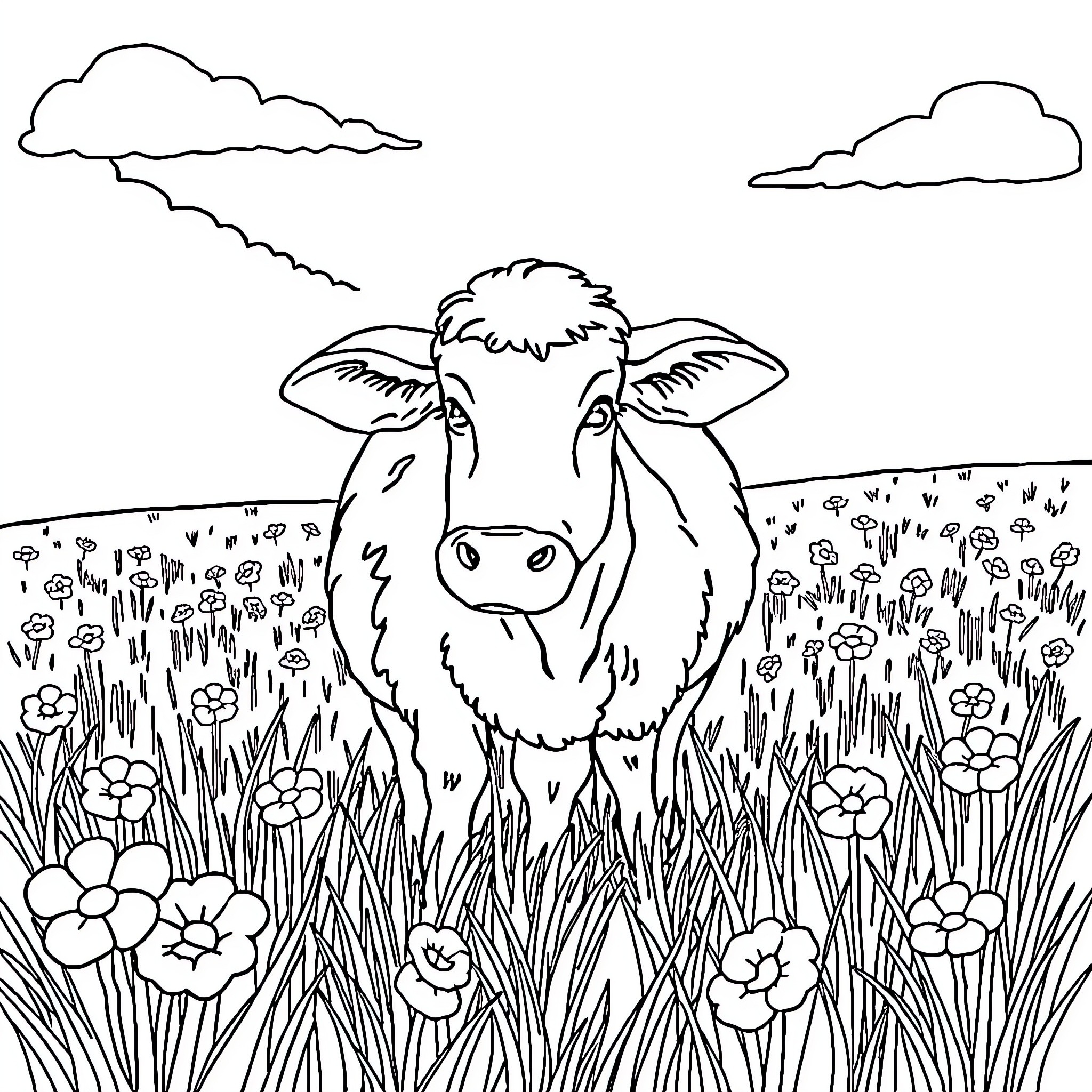 Cow grazing in a field of flowers Coloring Page (free black-and-white line drawing printable PDF for all, from beginners to advanced learners, including children, teens, adults, and seniors)