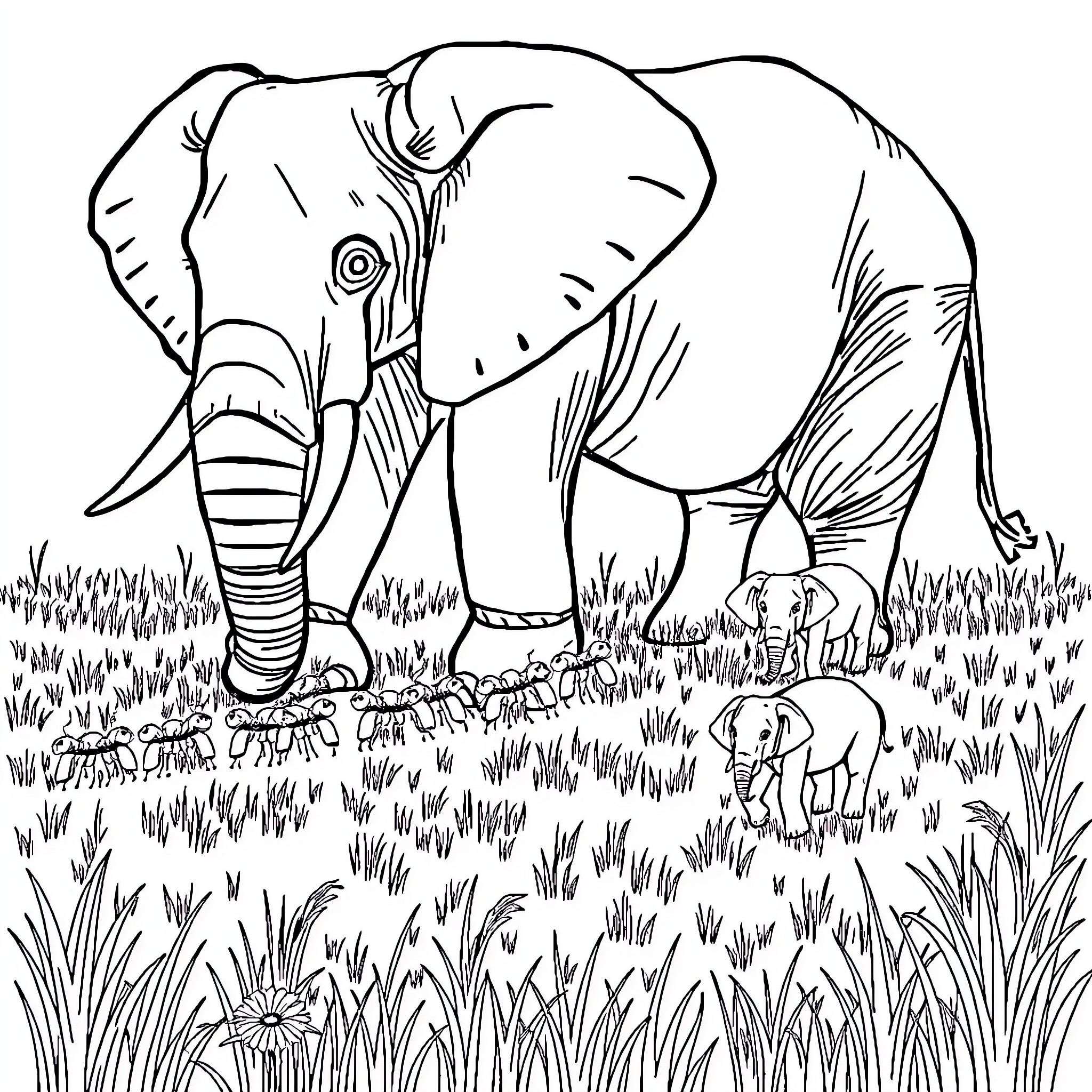 Ant family of elephants in the grasslands Coloring Page (free black-and-white line drawing printable PDF for all, from beginners to advanced learners, including children, teens, adults, and seniors)