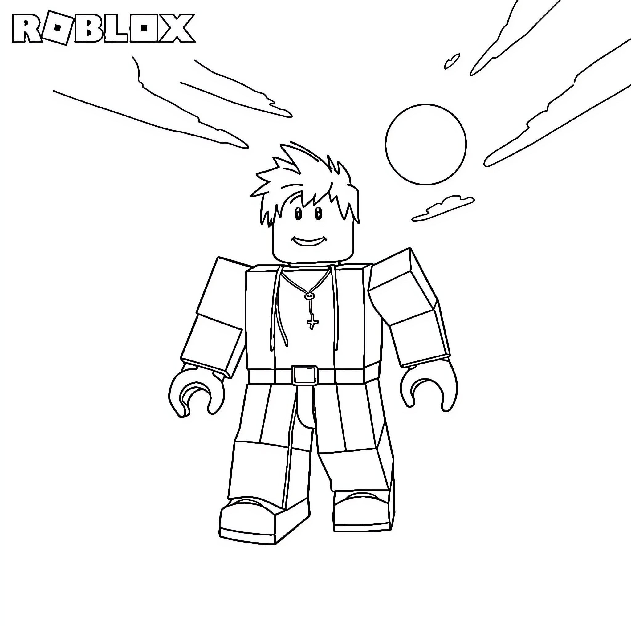 Roblox character standing in an outlined scene Coloring Page (free black-and-white line drawing printable PDF for all, from beginners to advanced learners, including children, teens, adults, and seniors)