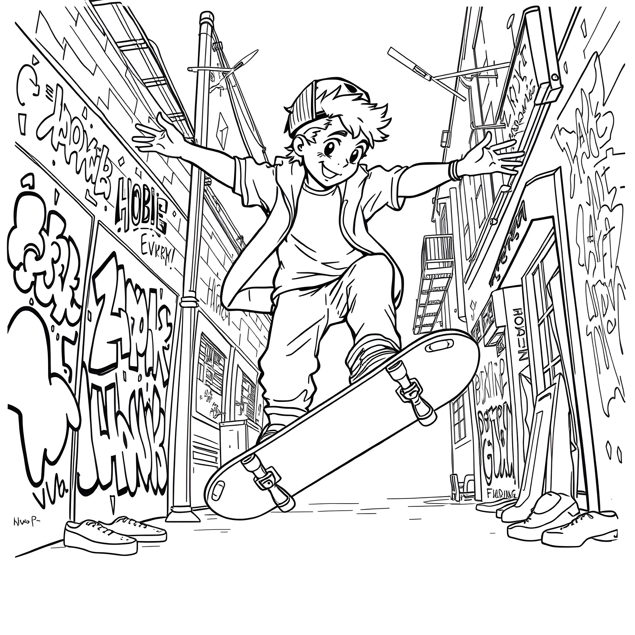 Hobie's Skateboarding Adventure in the City Coloring Page (free black-and-white line drawing printable PDF for all, from beginners to advanced learners, including children, teens, adults, and seniors)