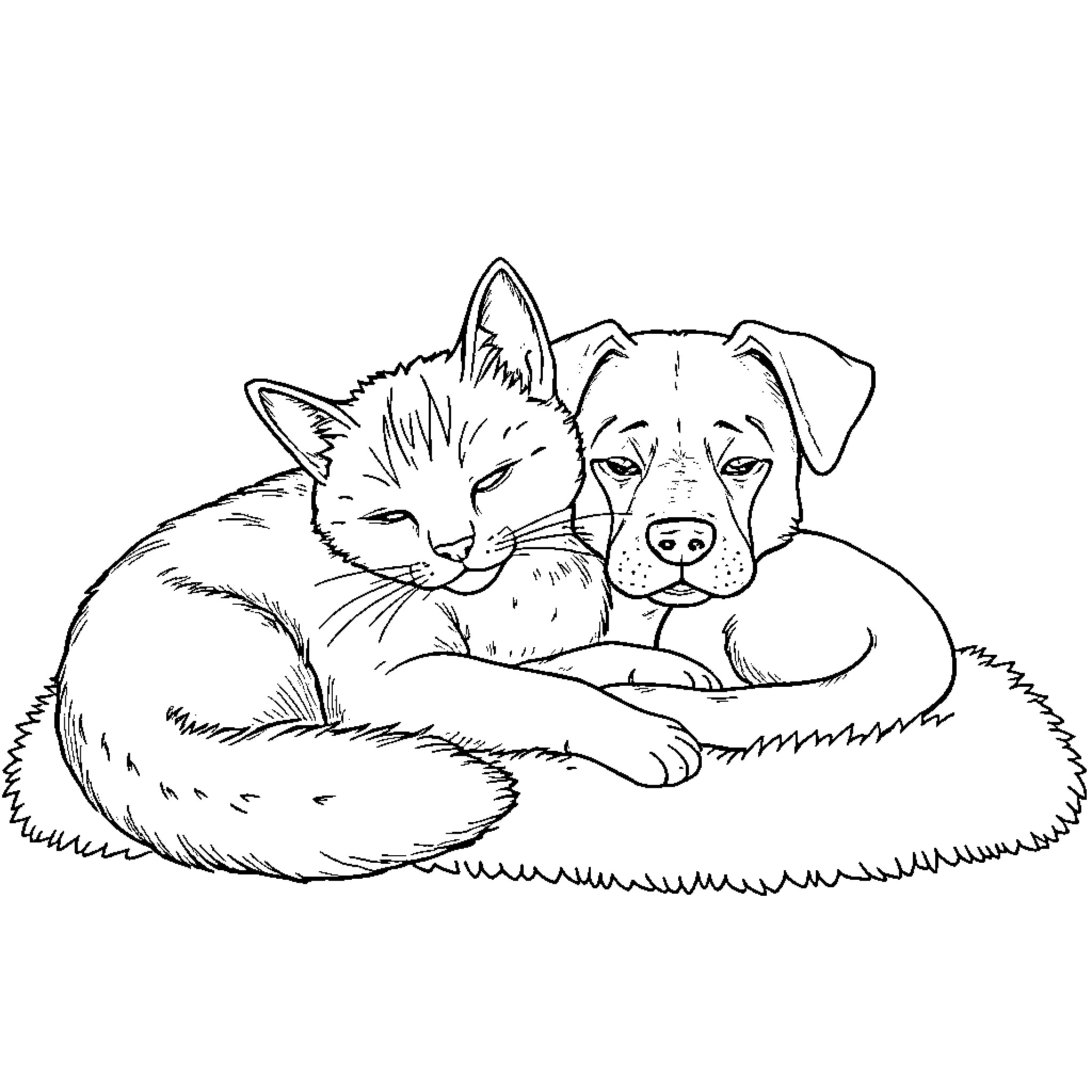Cat and Dog resting together comfortably Coloring Page (free black-and-white line drawing printable PDF for all, from beginners to advanced learners, including children, teens, adults, and seniors)