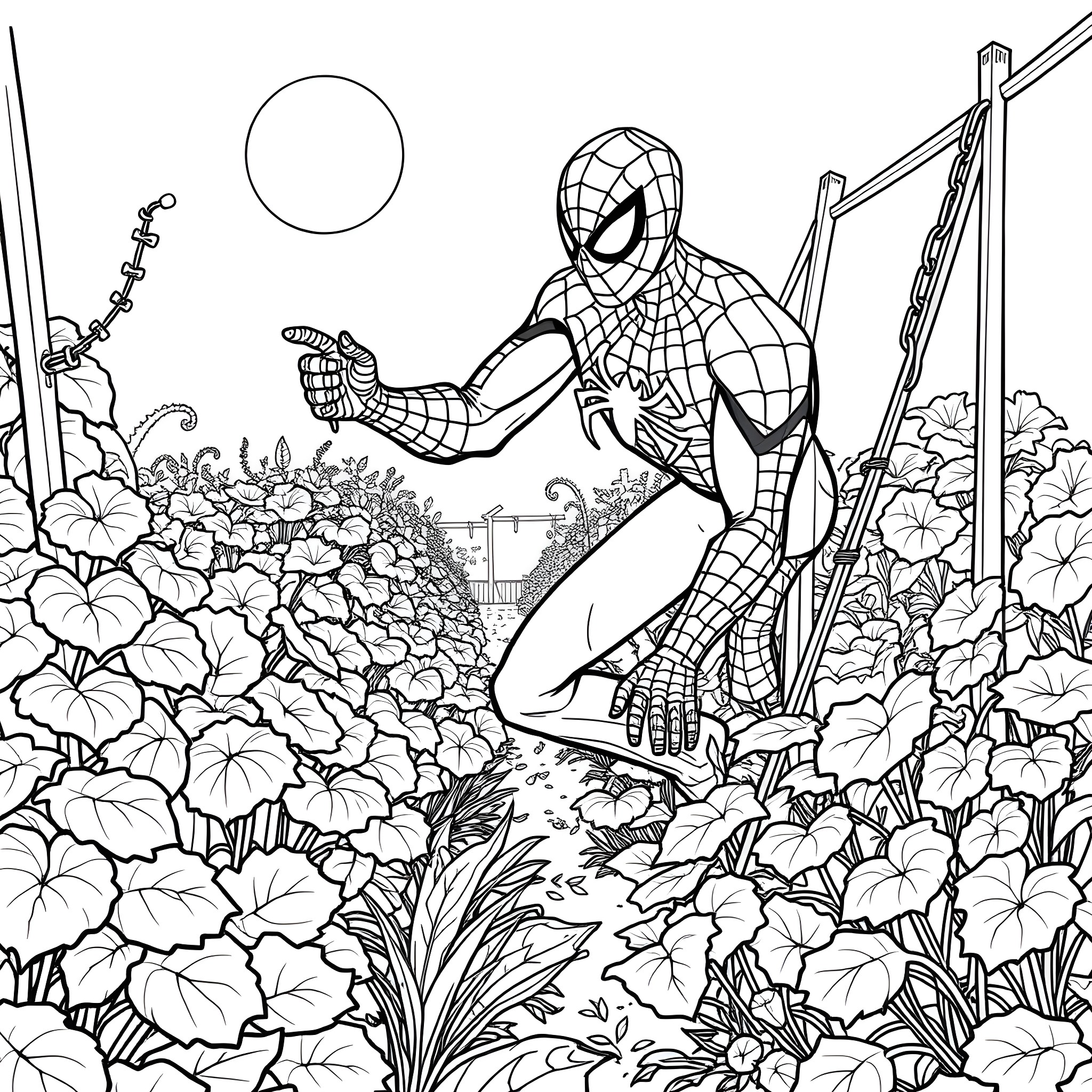 Spider-Man swinging through a lush, floral landscape Coloring Page (free black-and-white line drawing printable PDF for all, from beginners to advanced learners, including children, teens, adults, and seniors)