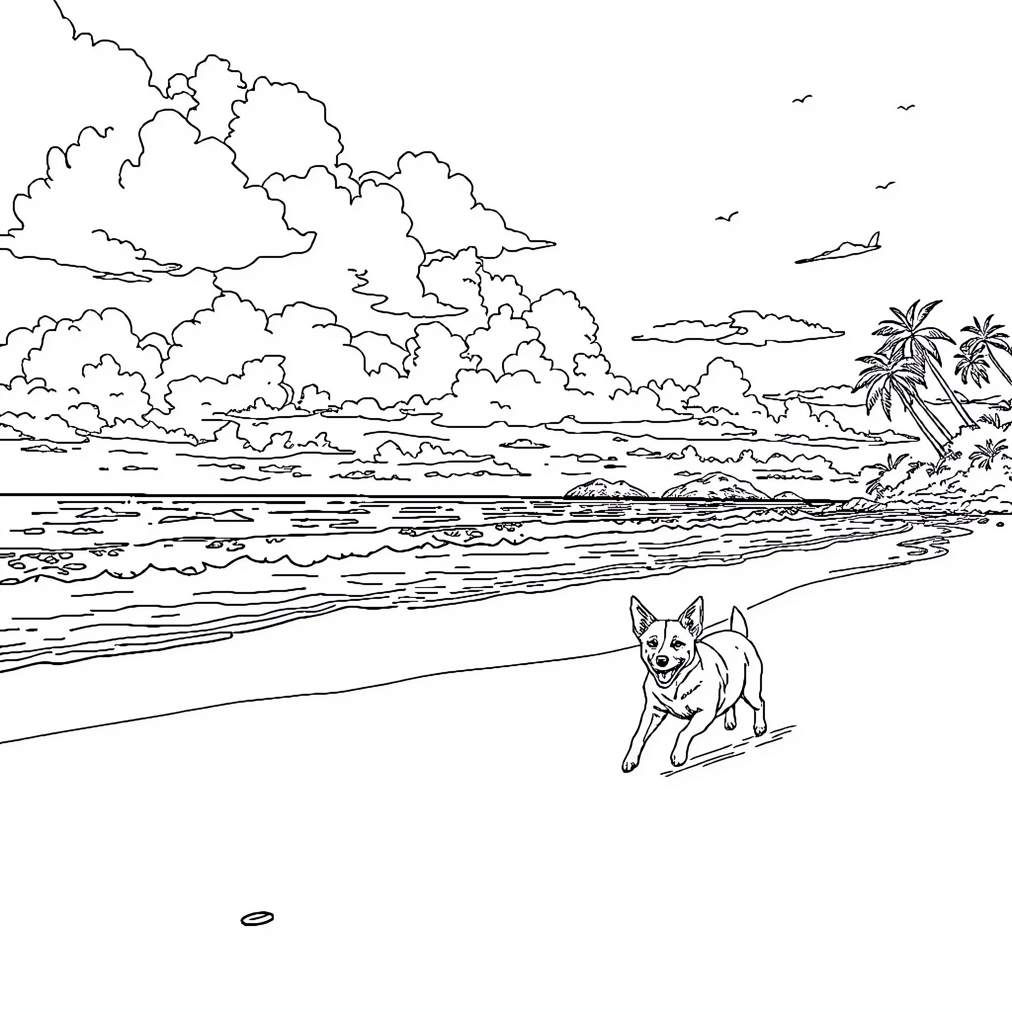 Dog running on the beach with palm trees Coloring Page (free black-and-white line drawing printable PDF for all, from beginners to advanced learners, including children, teens, adults, and seniors)