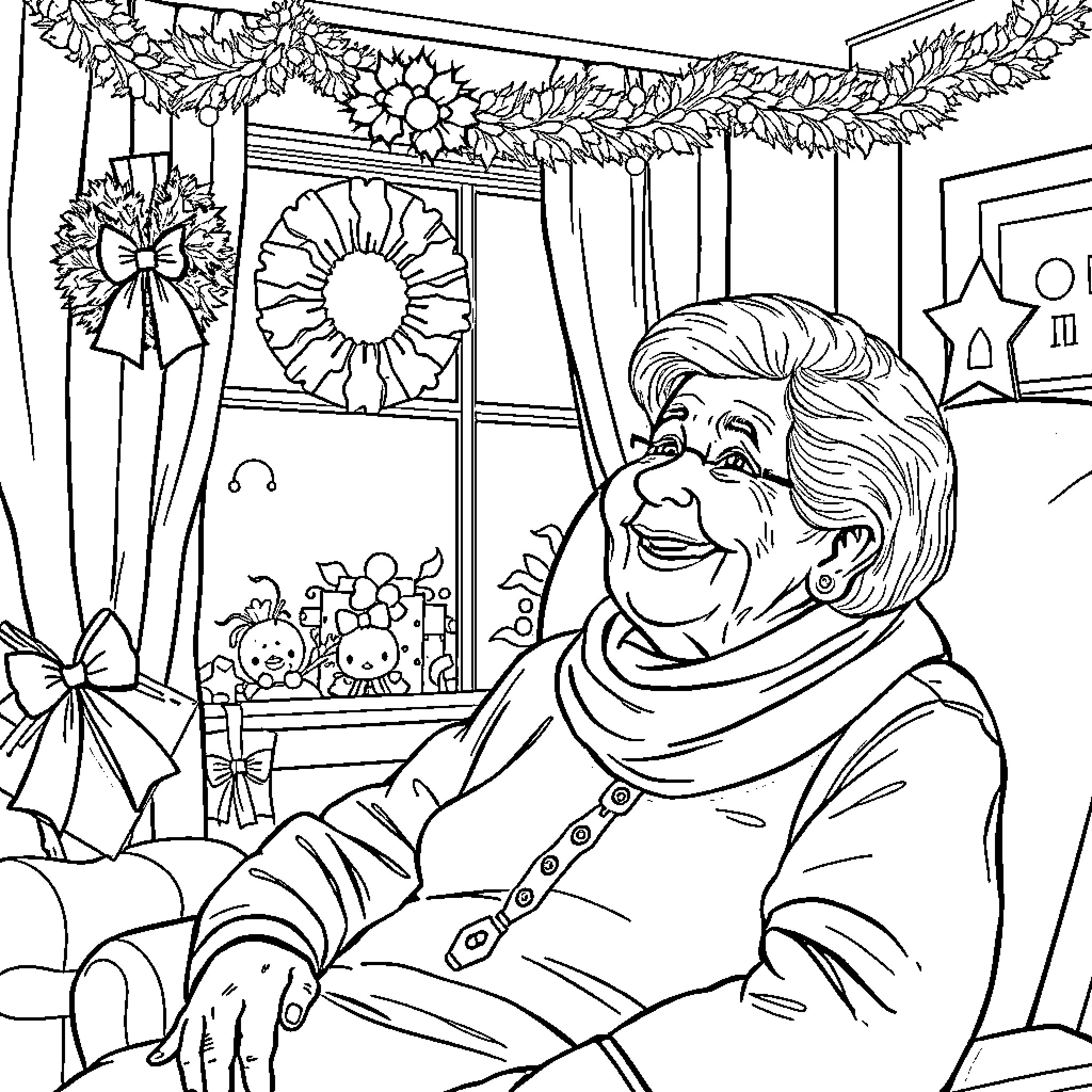 Patient Enjoying the Christmas Decorations Coloring Page (free black-and-white line drawing printable PDF for all, from beginners to advanced learners, including children, teens, adults, and seniors)