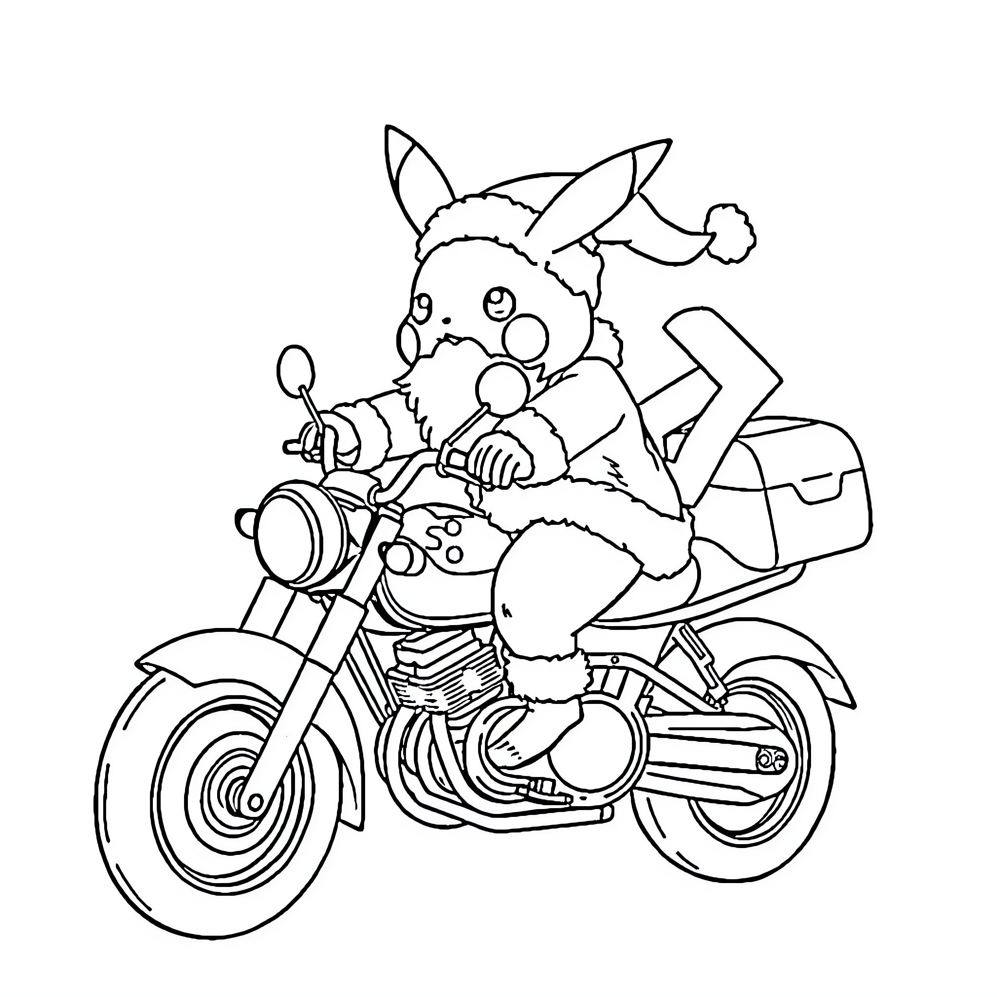 Pikachu riding a motorcycle in winter outfit Coloring Page (free black-and-white line drawing printable PDF for all, from beginners to advanced learners, including children, teens, adults, and seniors)