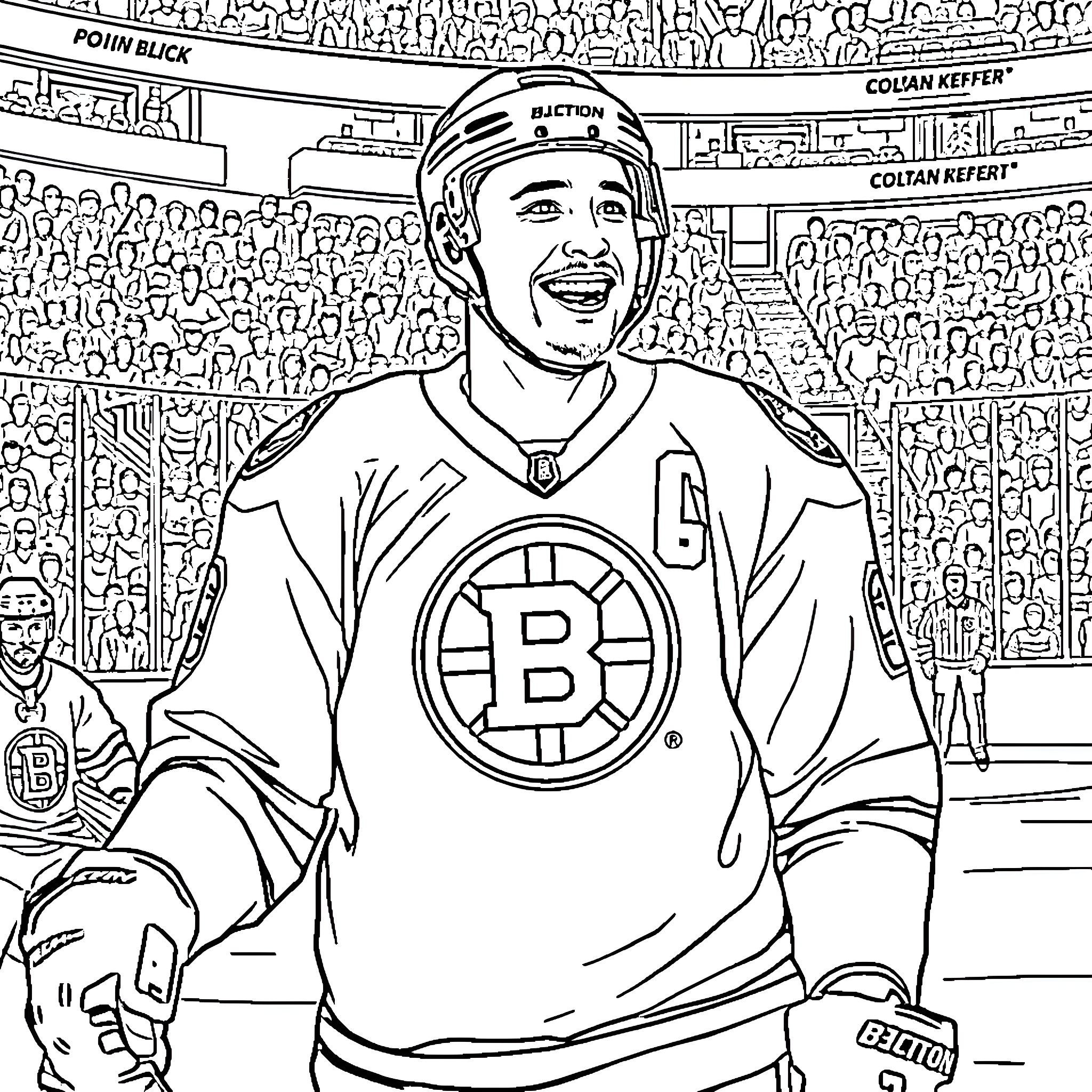 David Pasternak playing hockey in the Boston arena Coloring Page (free black-and-white line drawing printable PDF for all, from beginners to advanced learners, including children, teens, adults, and seniors)