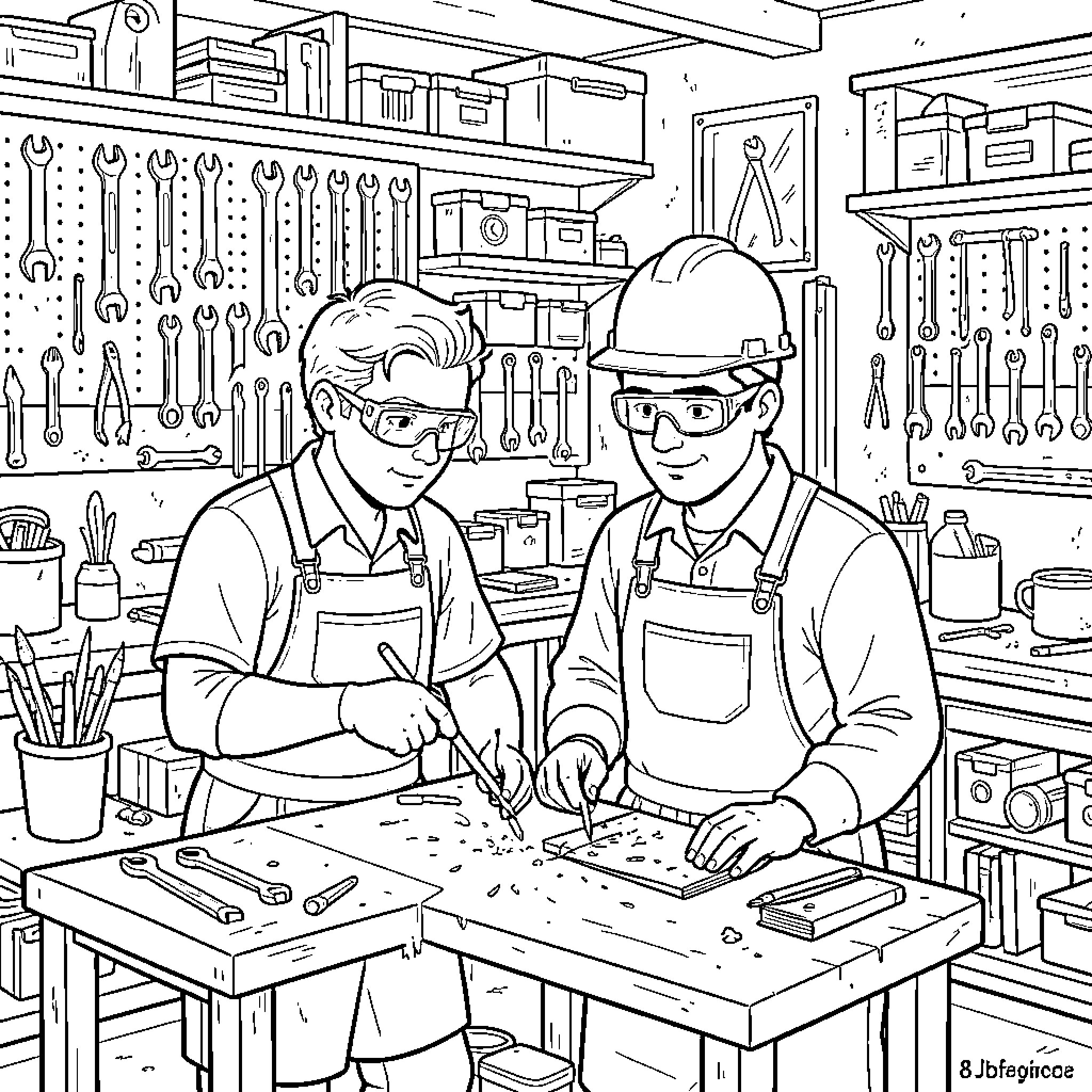 Persona of Mechanics Working Together in Workshop Coloring Page (free black-and-white line drawing printable PDF for all, from beginners to advanced learners, including children, teens, adults, and seniors)