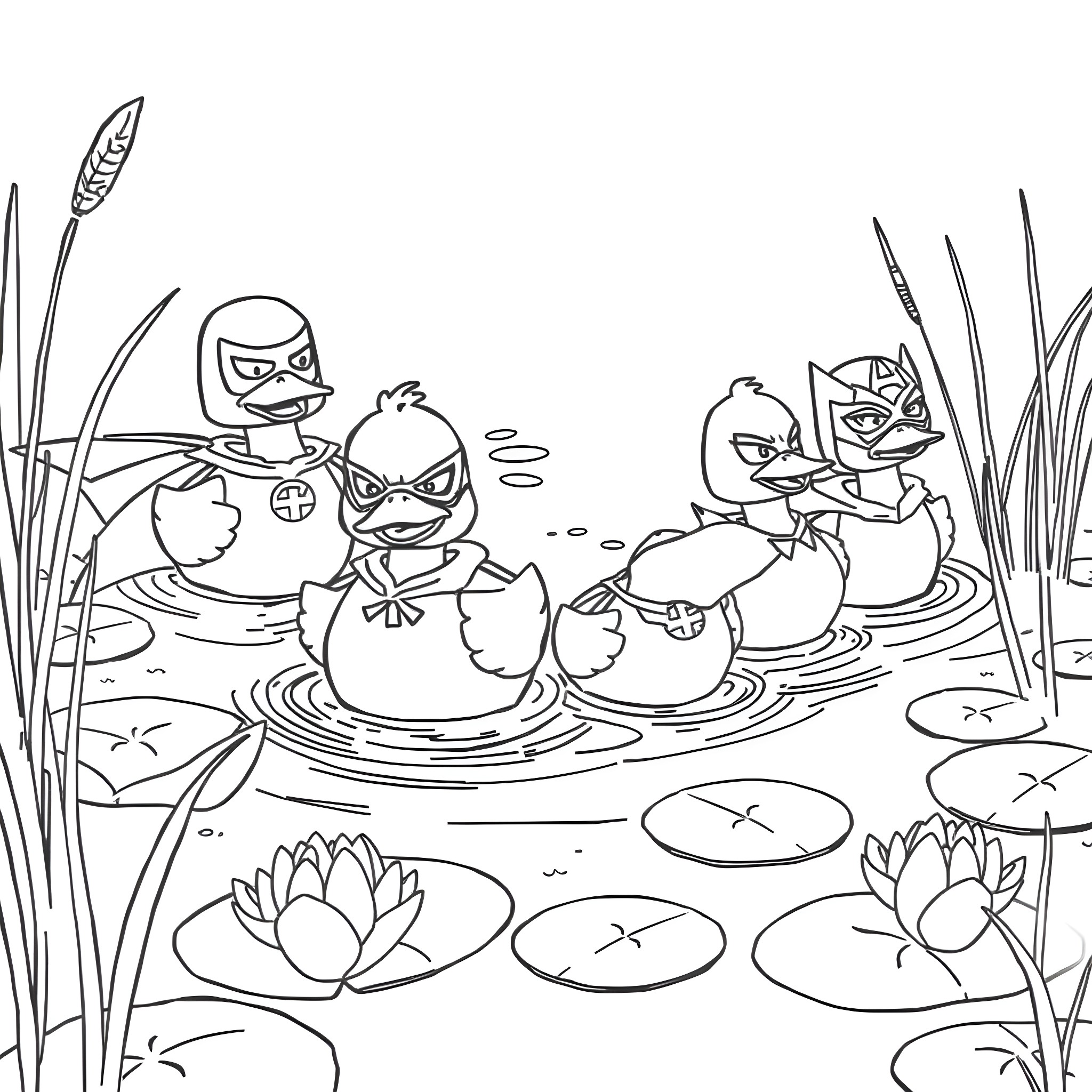 Duck superheroes battling in a pond Coloring Page (free black-and-white line drawing printable PDF for all, from beginners to advanced learners, including children, teens, adults, and seniors)