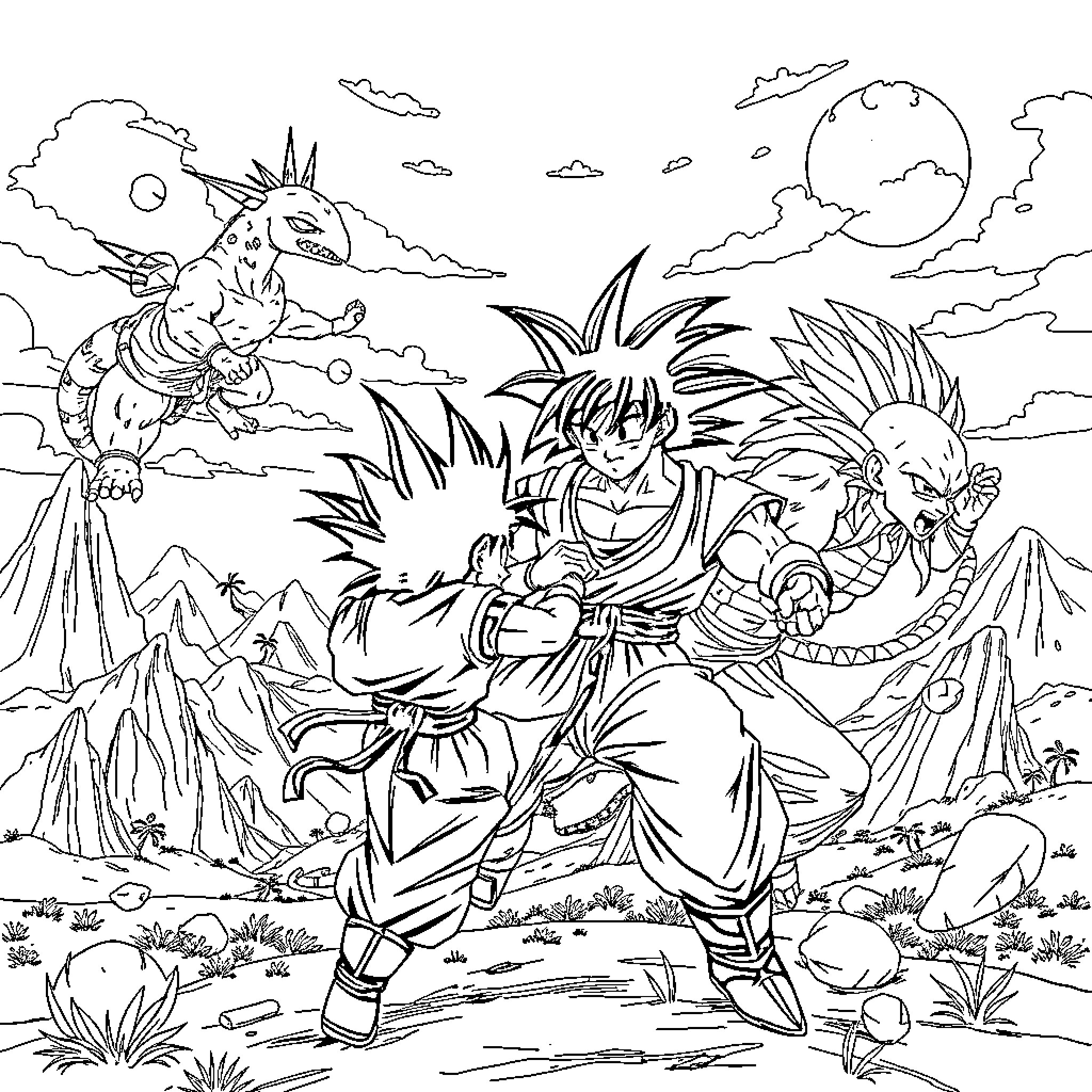 Dragon Ball Z - Goku and Frieza Epic Battle Coloring Page (free black-and-white line drawing printable PDF for all, from beginners to advanced learners, including children, teens, adults, and seniors)