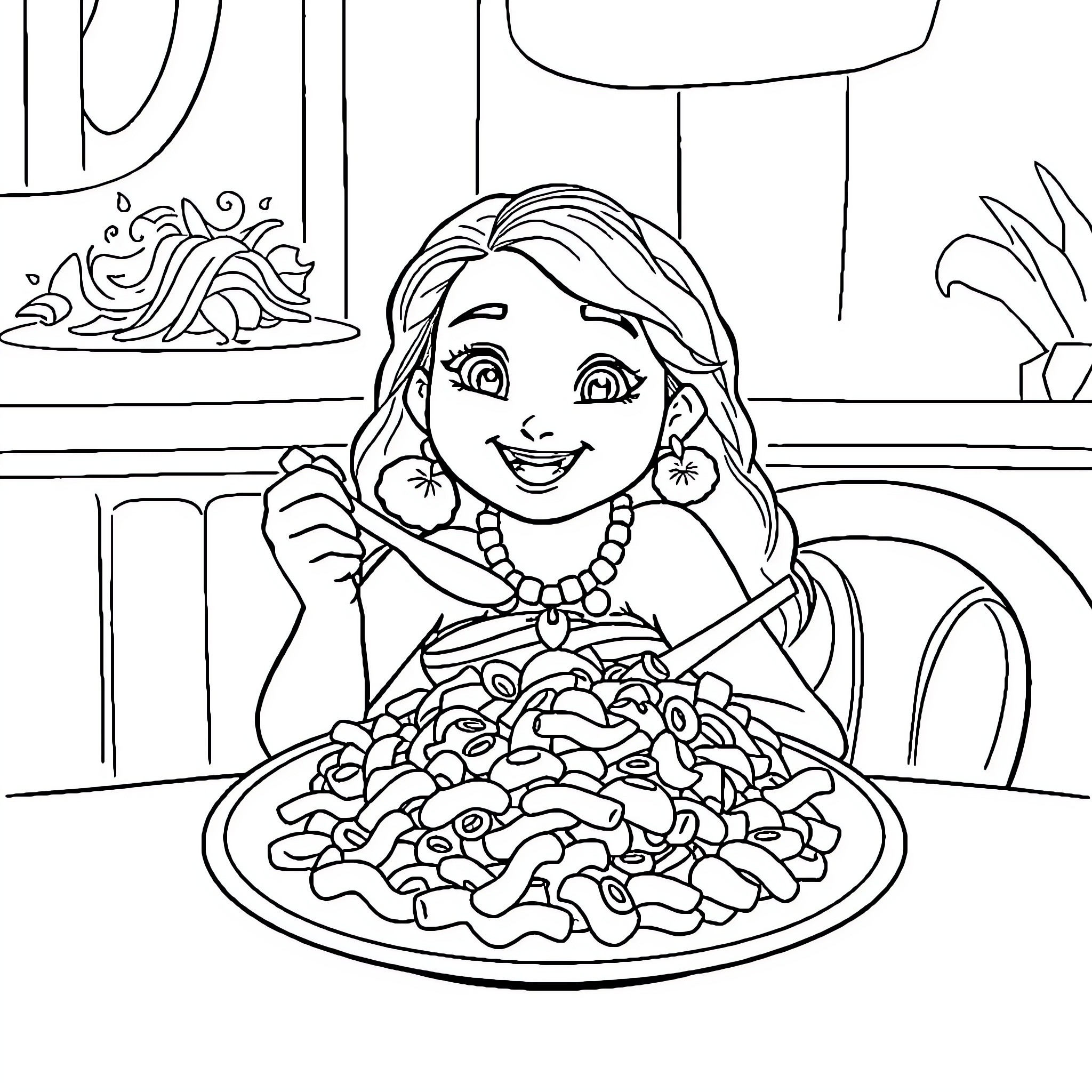 Moana enjoying a delicious meal Coloring Page (free black-and-white line drawing printable PDF for all, from beginners to advanced learners, including children, teens, adults, and seniors)