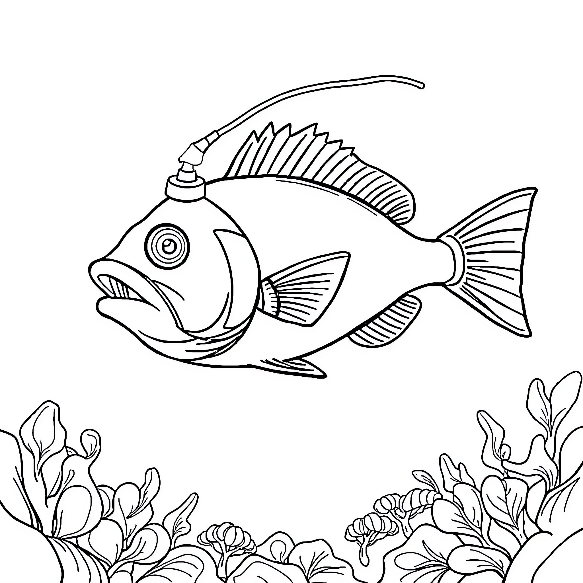 Angler Fish Exploring Underwater Coral Reef Coloring Page (free black-and-white line drawing printable PDF for all, from beginners to advanced learners, including children, teens, adults, and seniors)