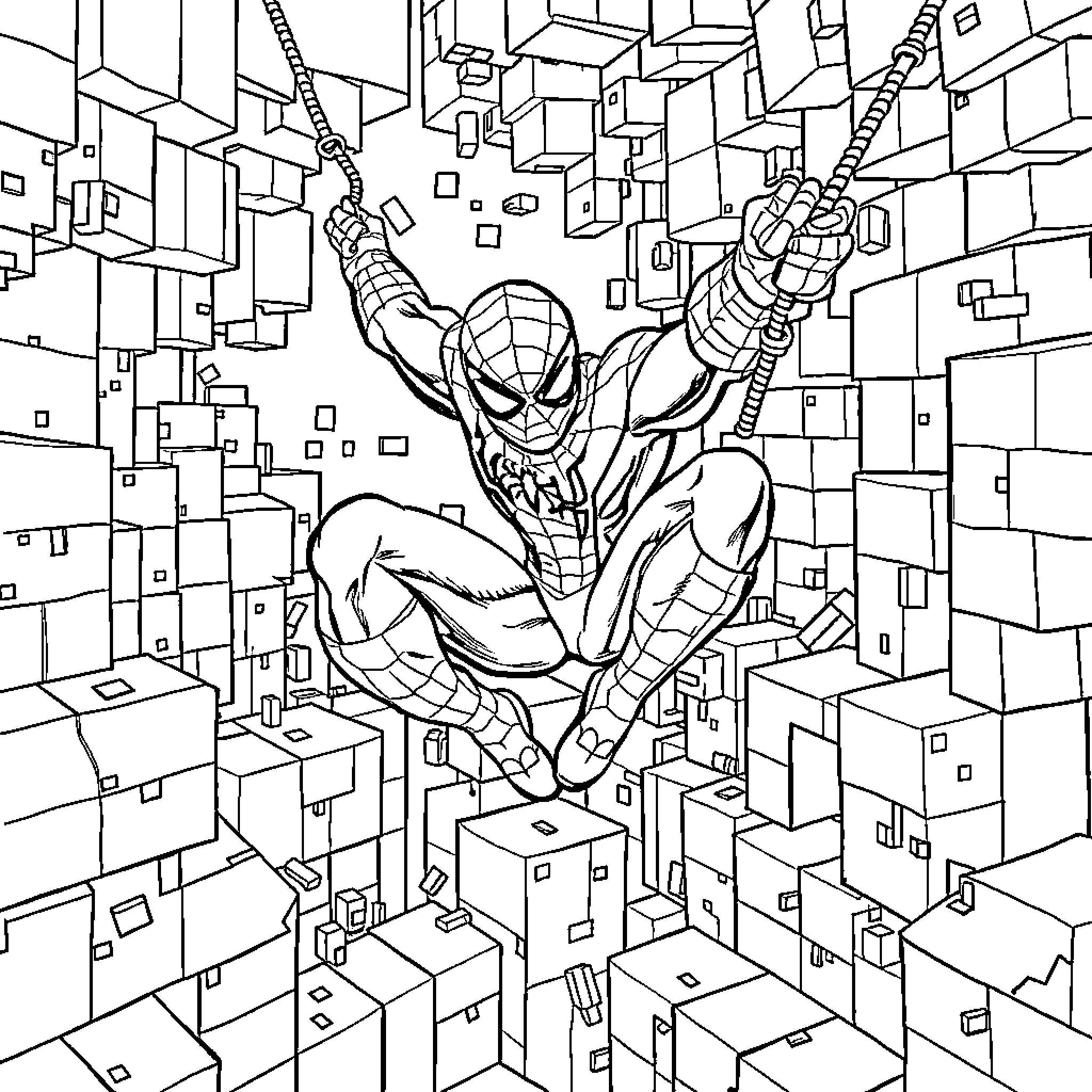 Spiderman swinging through the city skyline Coloring Page (free black-and-white line drawing printable PDF for all, from beginners to advanced learners, including children, teens, adults, and seniors)