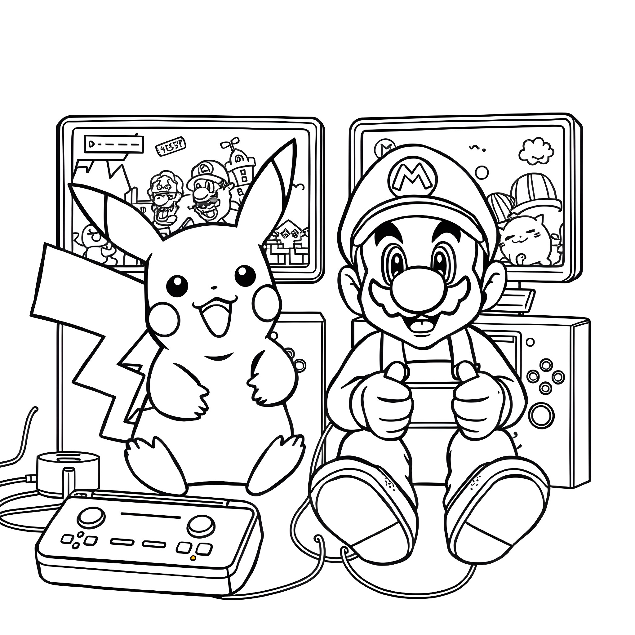 Pikachu and Mario playing video games Coloring Page (free black-and-white line drawing printable PDF for all, from beginners to advanced learners, including children, teens, adults, and seniors)