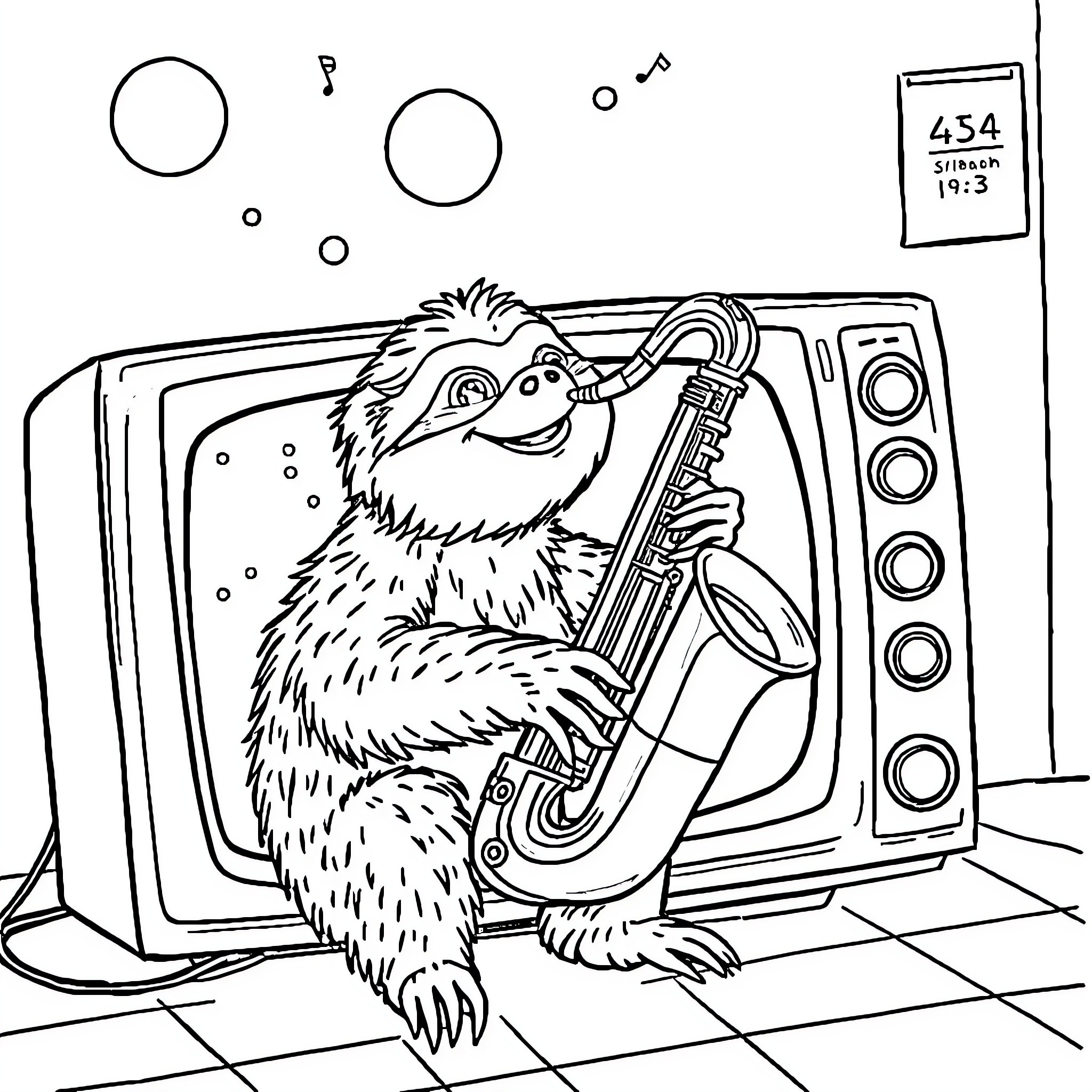 Sloth playing the saxophone on a retro television Coloring Page (free black-and-white line drawing printable PDF for all, from beginners to advanced learners, including children, teens, adults, and seniors)