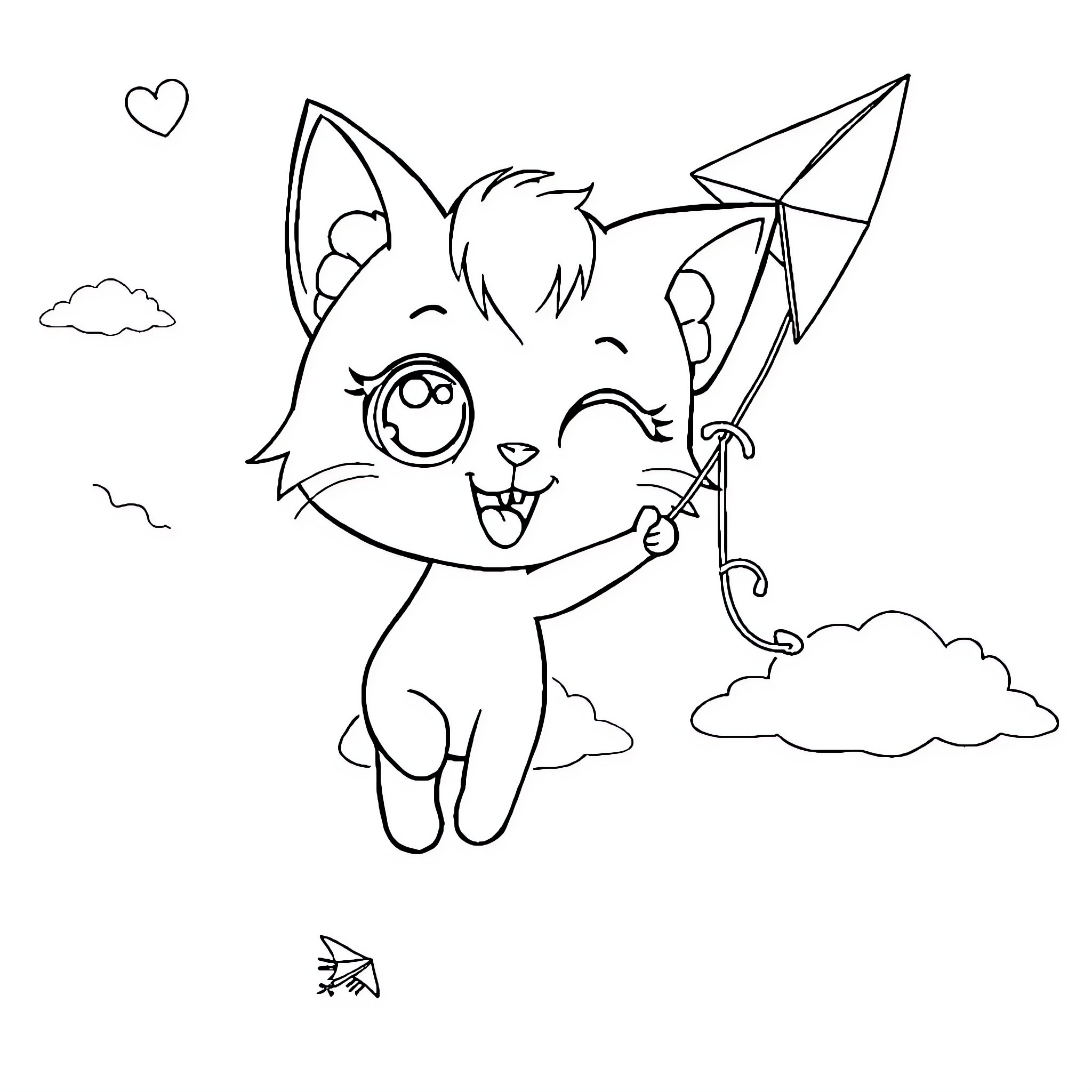 Gabbychat playing with a kite in the sky Coloring Page (free black-and-white line drawing printable PDF for all, from beginners to advanced learners, including children, teens, adults, and seniors)