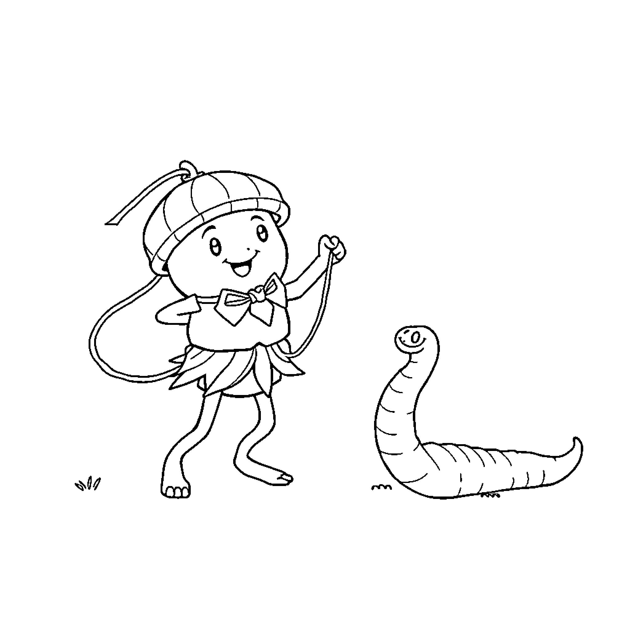Acorn Fairy Playing with Caterpillar Coloring Page (free black-and-white line drawing printable PDF for all, from beginners to advanced learners, including children, teens, adults, and seniors)