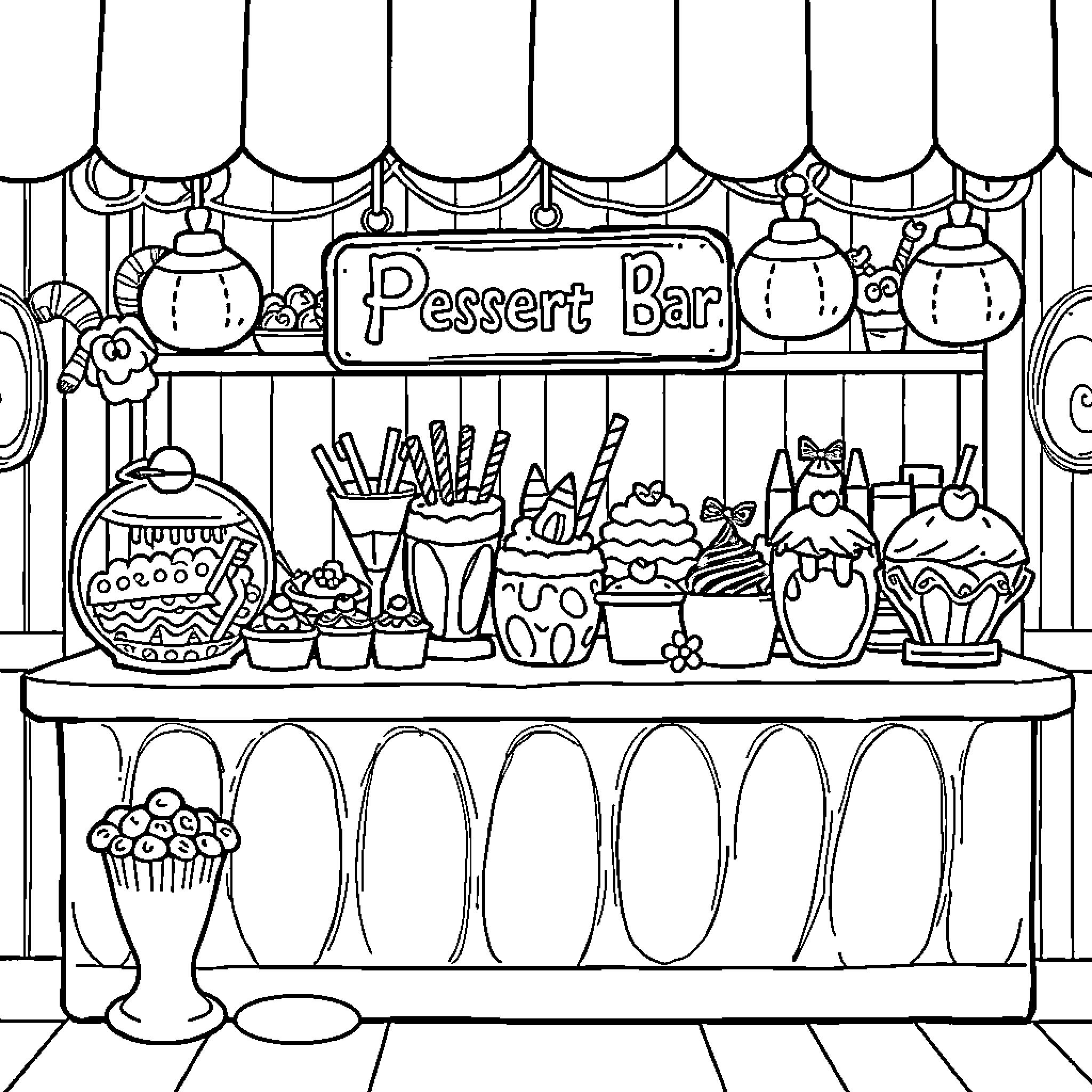 Dessert Bar with Assortment of Sweets and Treats Coloring Page (free black-and-white line drawing printable PDF for all, from beginners to advanced learners, including children, teens, adults, and seniors)