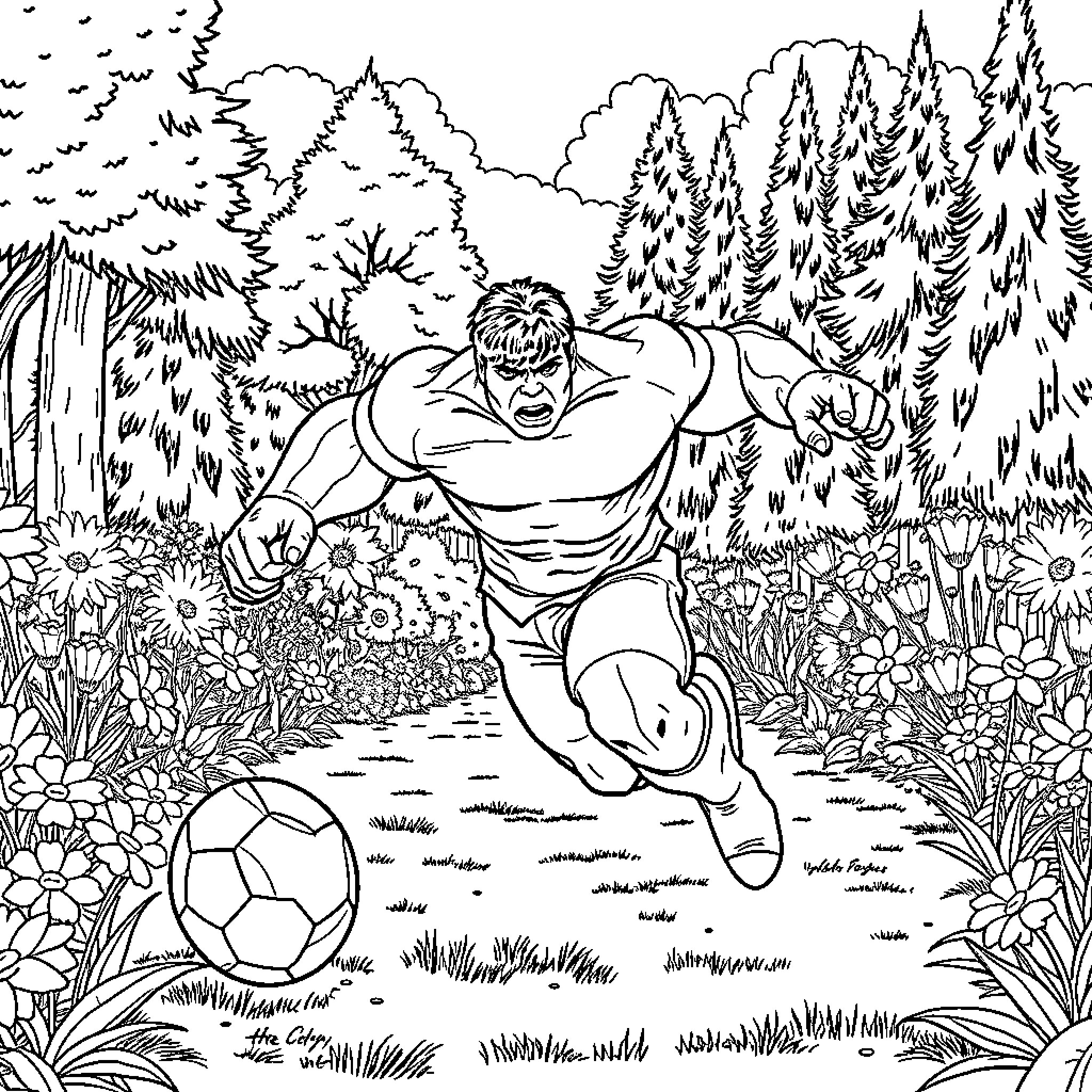 Hulk roaming through a lush forest landscape Coloring Page (free black-and-white line drawing printable PDF for all, from beginners to advanced learners, including children, teens, adults, and seniors)