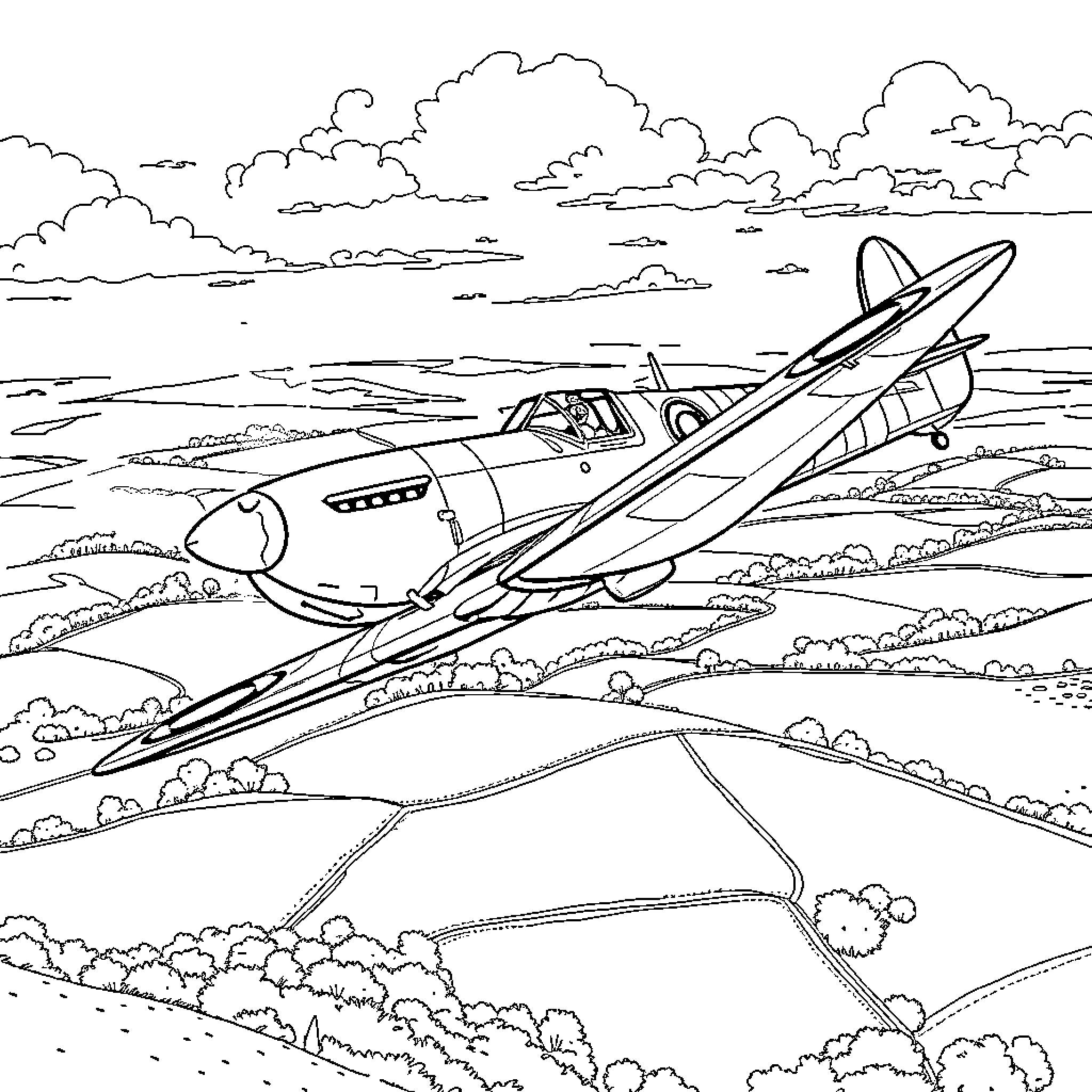 Spitfire Aircraft Soaring Through the Clouds Coloring Page (free black-and-white line drawing printable PDF for all, from beginners to advanced learners, including children, teens, adults, and seniors)