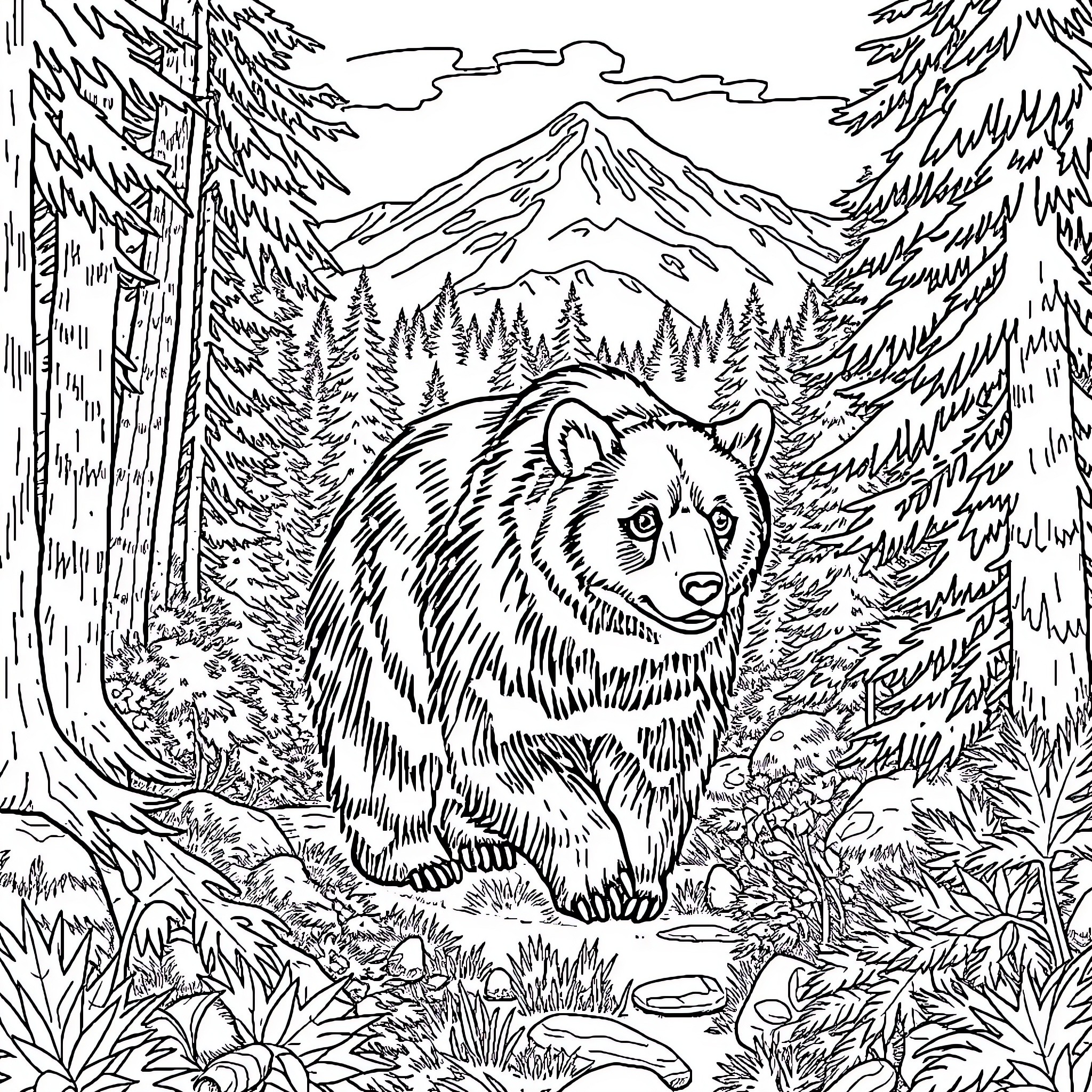 Bear in the Wilderness Coloring Page (free black-and-white line drawing printable PDF for all, from beginners to advanced learners, including children, teens, adults, and seniors)