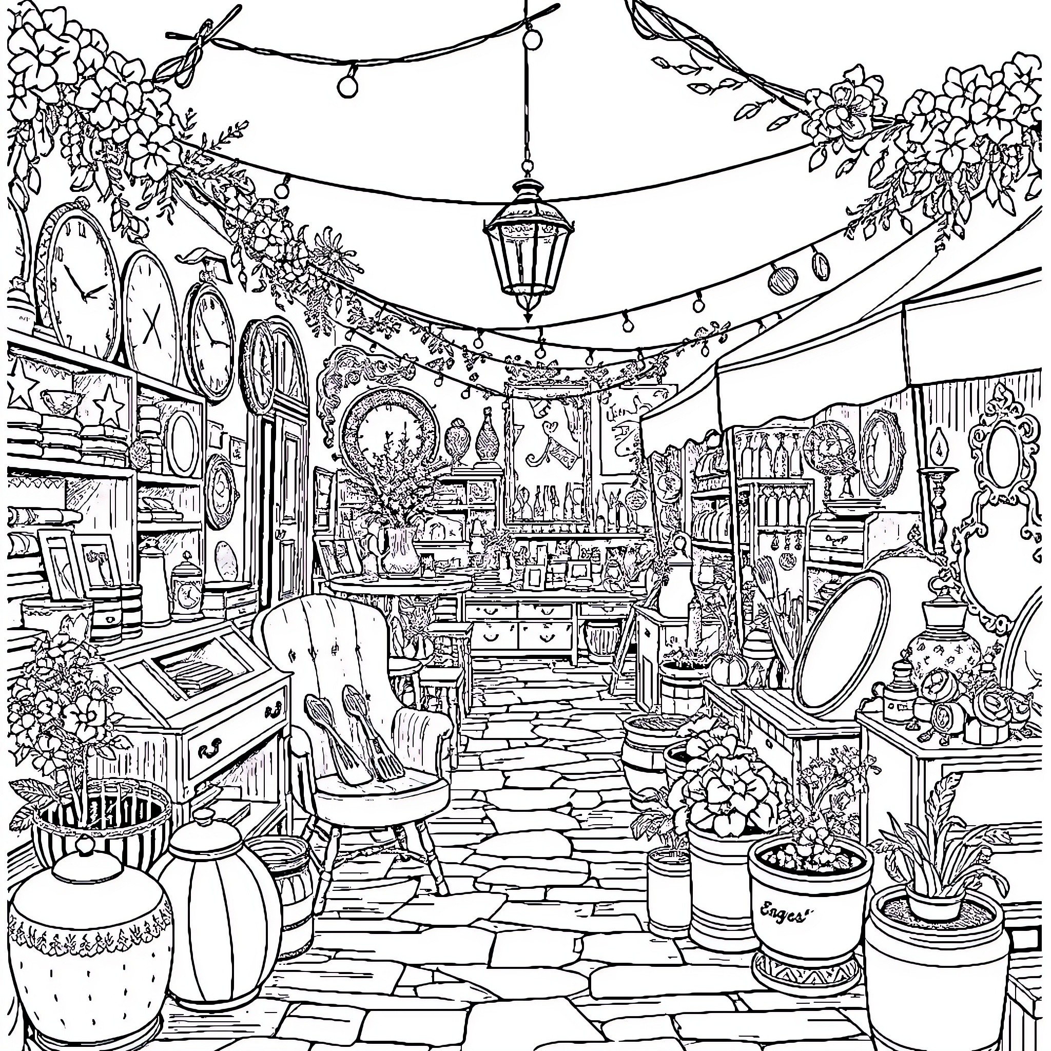 Brocante: A Whimsical Marketplace of Vintage Treasures Coloring Page (free black-and-white line drawing printable PDF for all, from beginners to advanced learners, including children, teens, adults, and seniors)