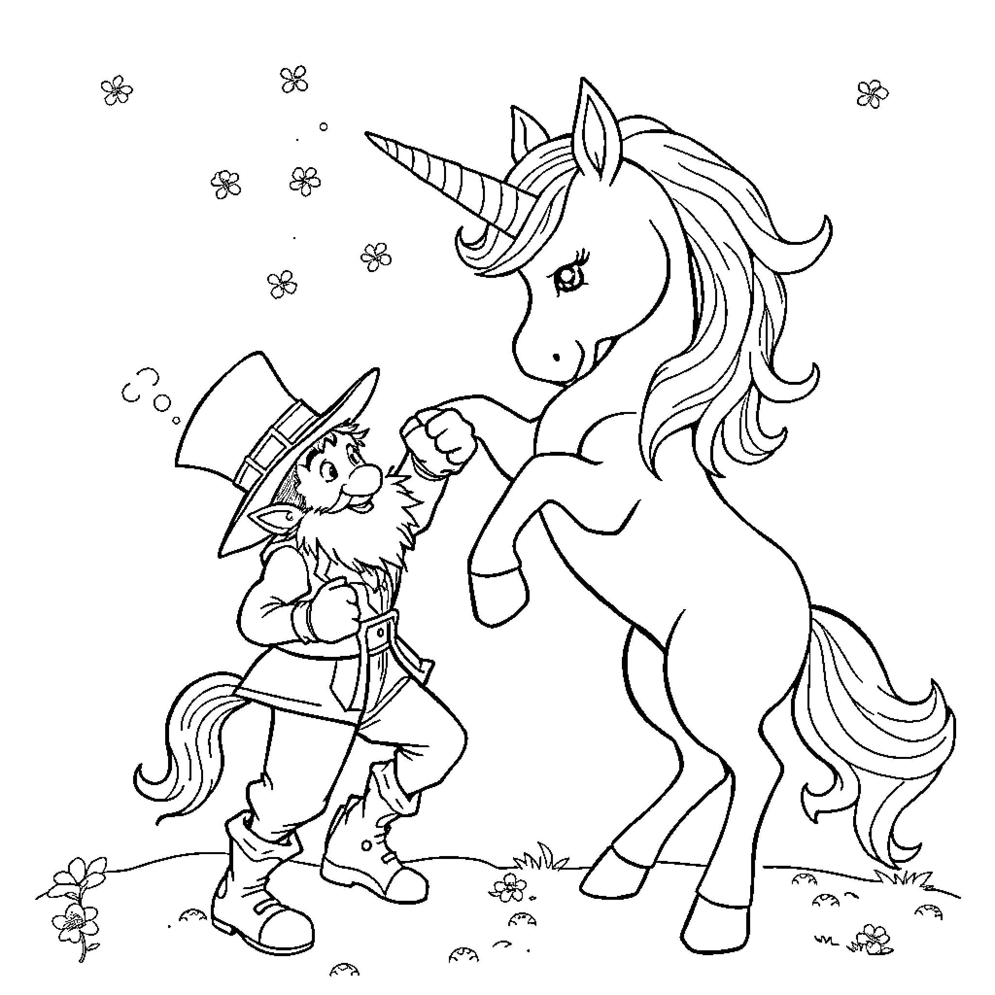Unicorn and Elf Exploring the Magical Forest Coloring Page (free black-and-white line drawing printable PDF for all, from beginners to advanced learners, including children, teens, adults, and seniors)