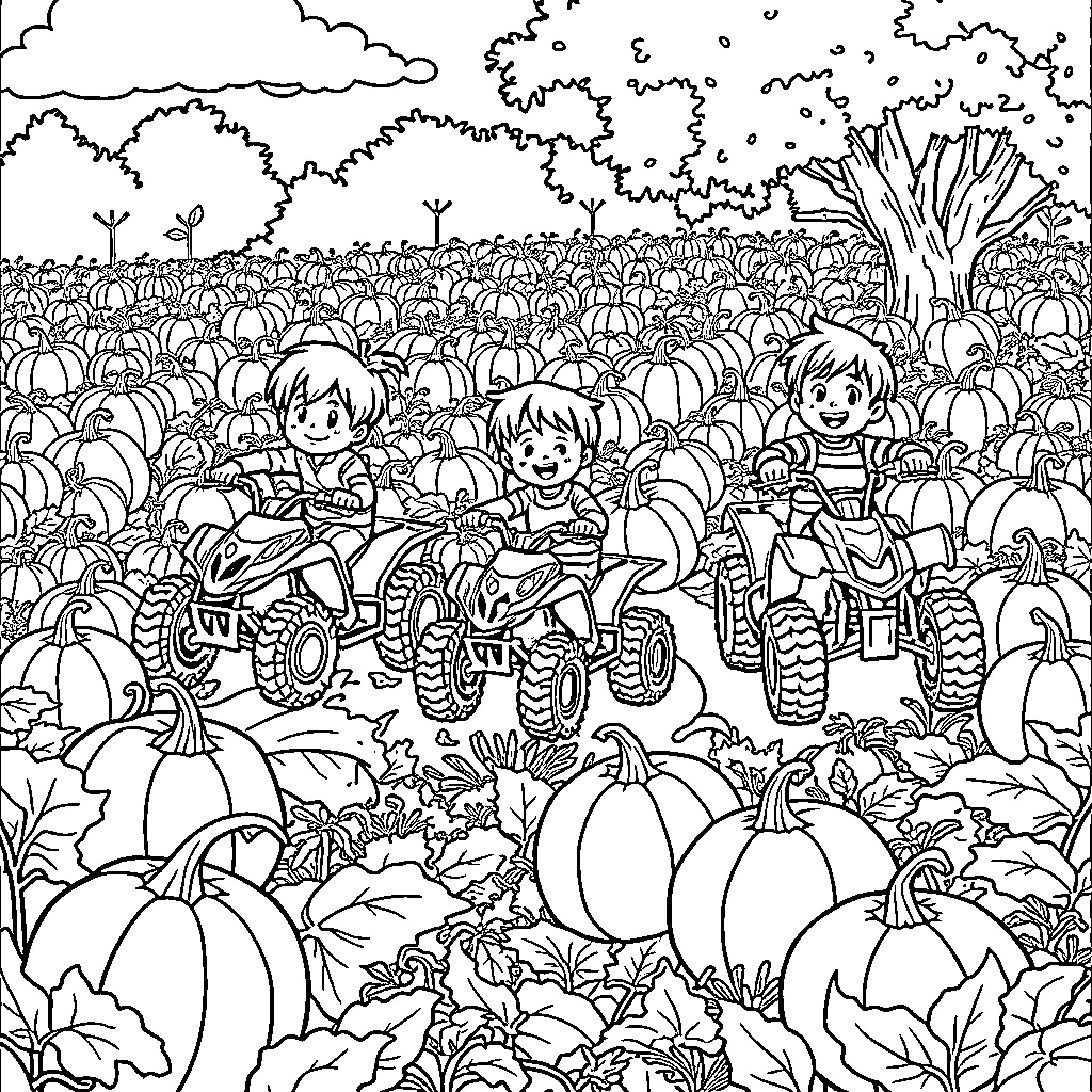 Kid riding quad bikes in pumpkin patch Coloring Page (free black-and-white line drawing printable PDF for all, from beginners to advanced learners, including children, teens, adults, and seniors)