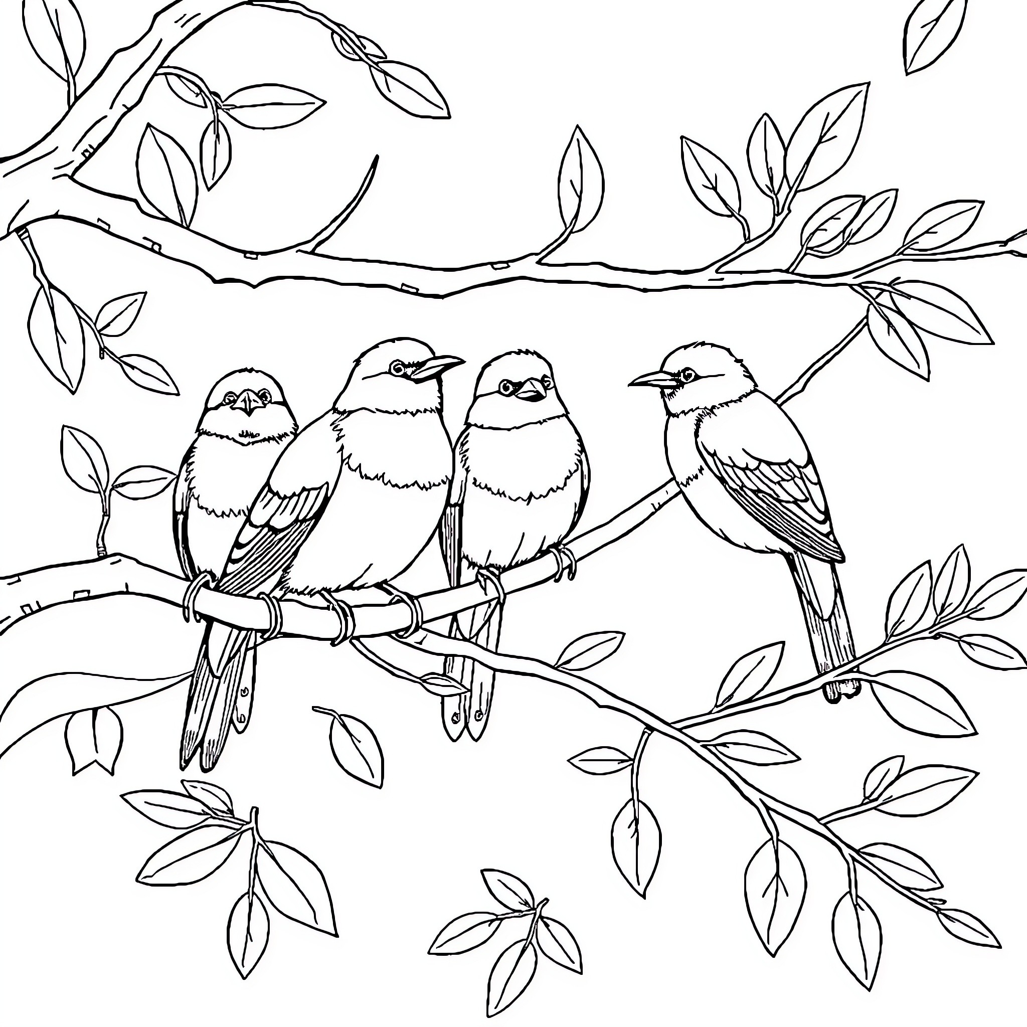 Bird friends perched together on a tree branch Coloring Page (free black-and-white line drawing printable PDF for all, from beginners to advanced learners, including children, teens, adults, and seniors)