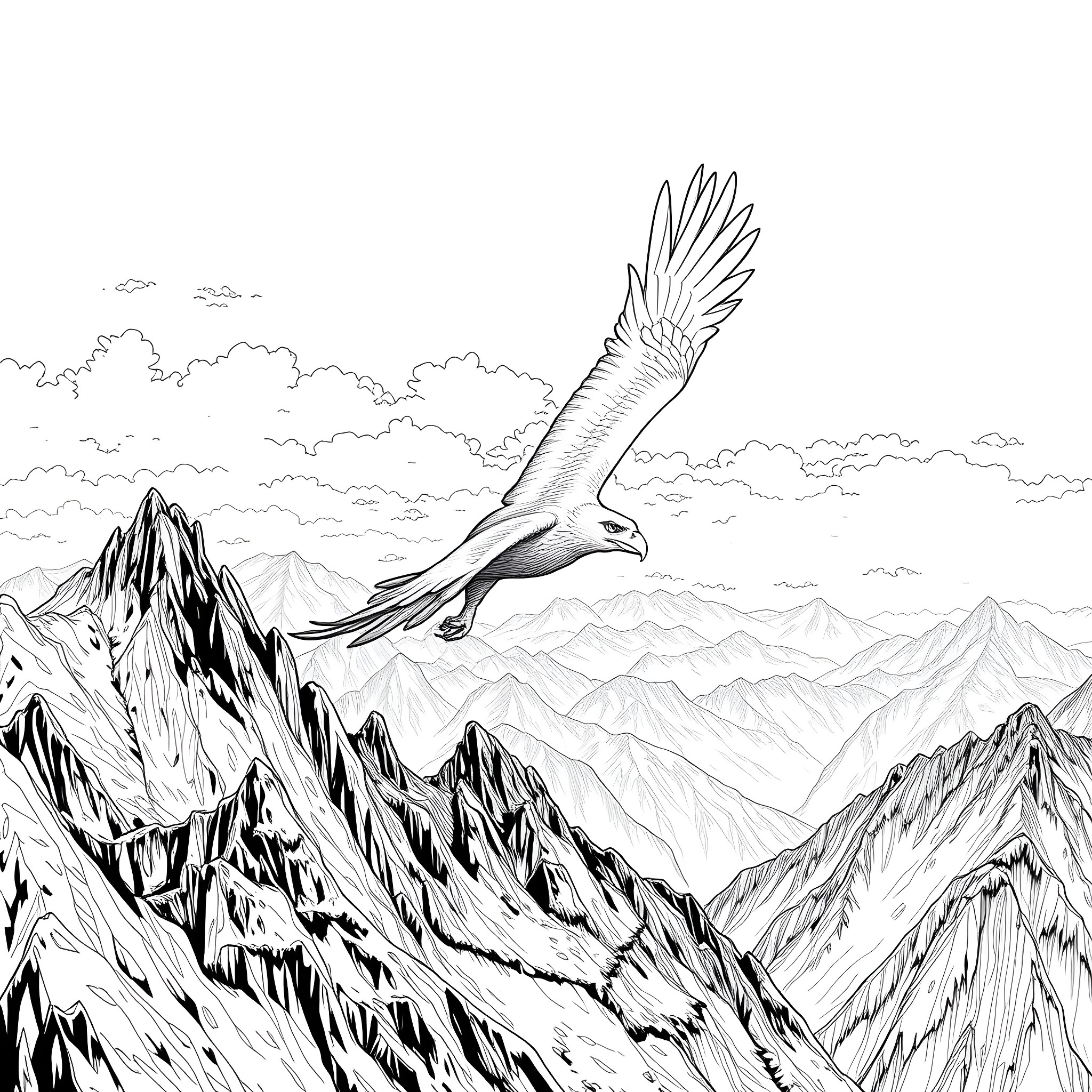 Eagle soaring over majestic mountain peaks Coloring Page (free black-and-white line drawing printable PDF for all, from beginners to advanced learners, including children, teens, adults, and seniors)