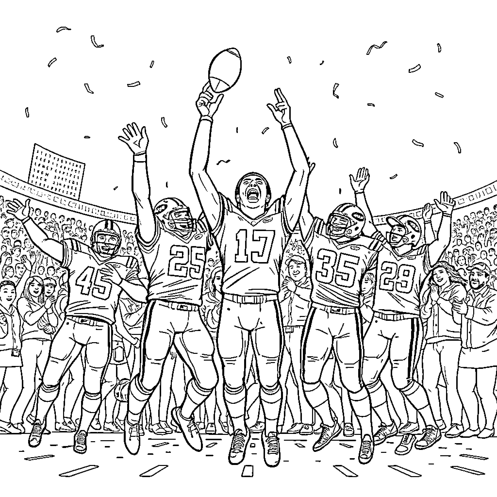 NY Jets celebrating victory on the field Coloring Page (free black-and-white line drawing printable PDF for all, from beginners to advanced learners, including children, teens, adults, and seniors)