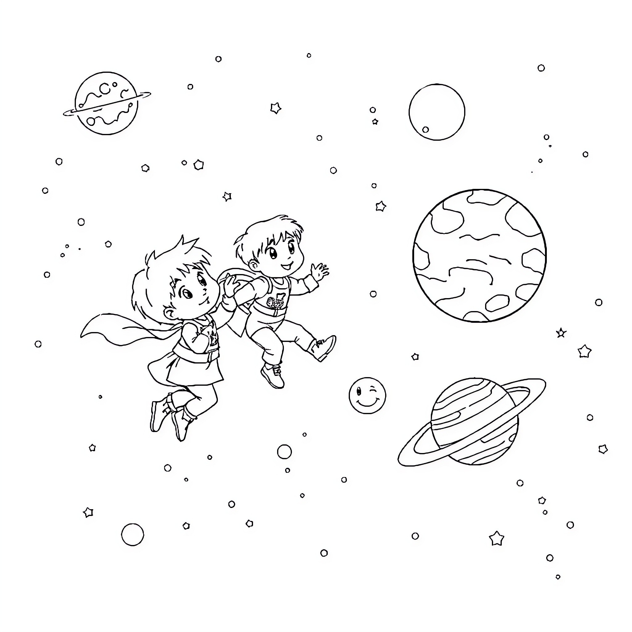 Children exploring the wonders of the cosmos Coloring Page (free black-and-white line drawing printable PDF for all, from beginners to advanced learners, including children, teens, adults, and seniors)