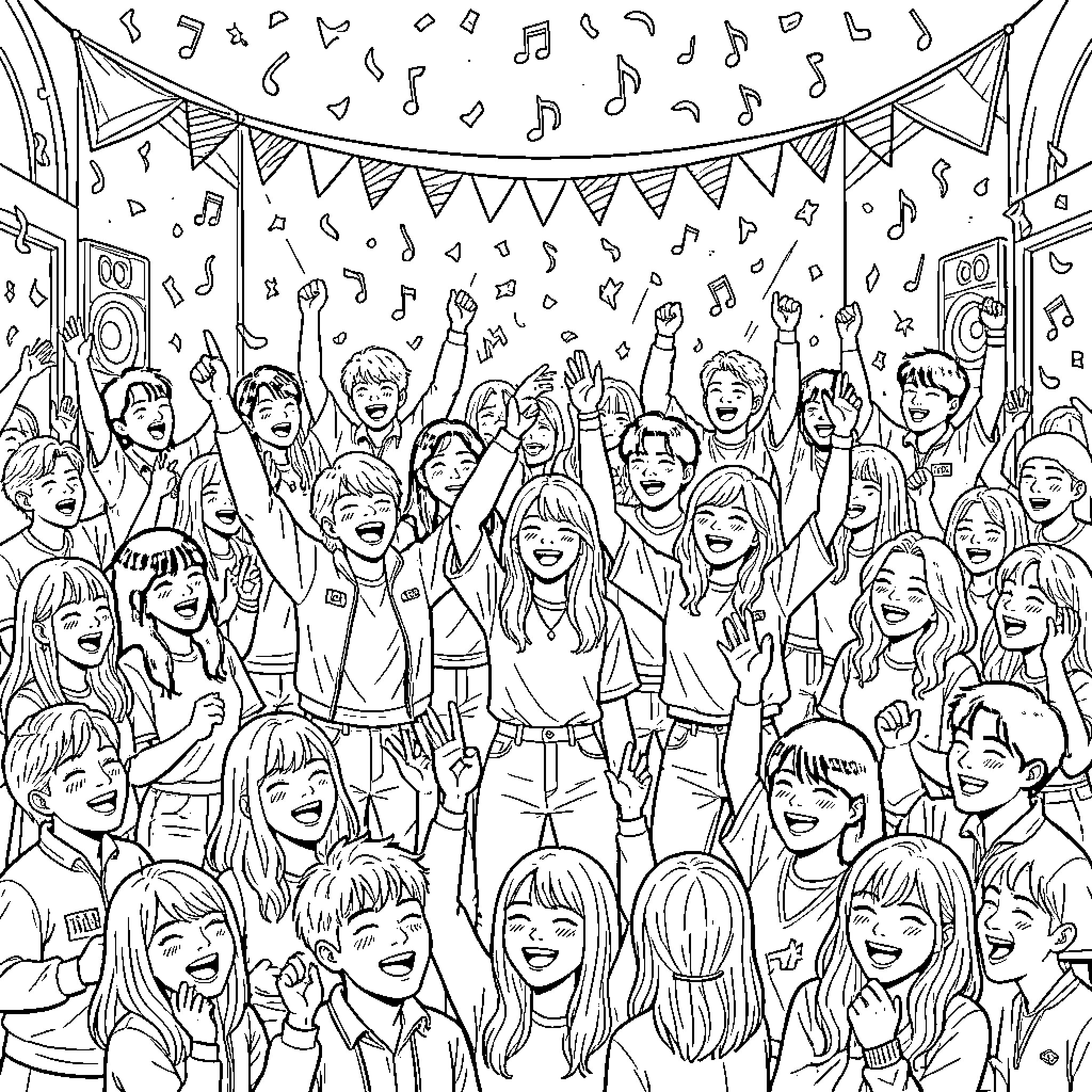 Kpop idols cheering and celebrating at a festive party Coloring Page (free black-and-white line drawing printable PDF for all, from beginners to advanced learners, including children, teens, adults, and seniors)